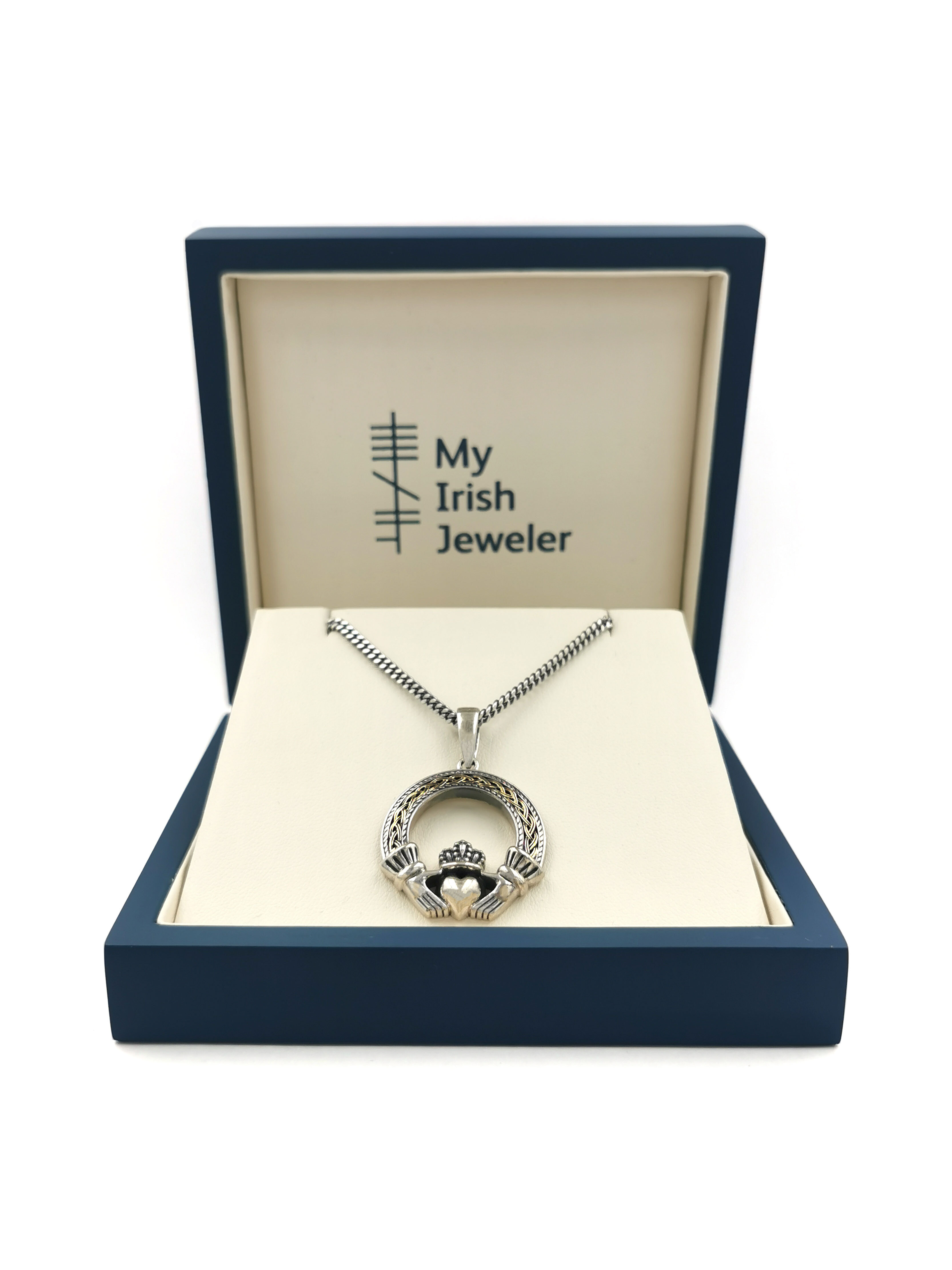 Irish Sterling Silver & 10K Yellow Gold Claddagh Necklace With a Oxidised Finish. In Luxury Packaging.