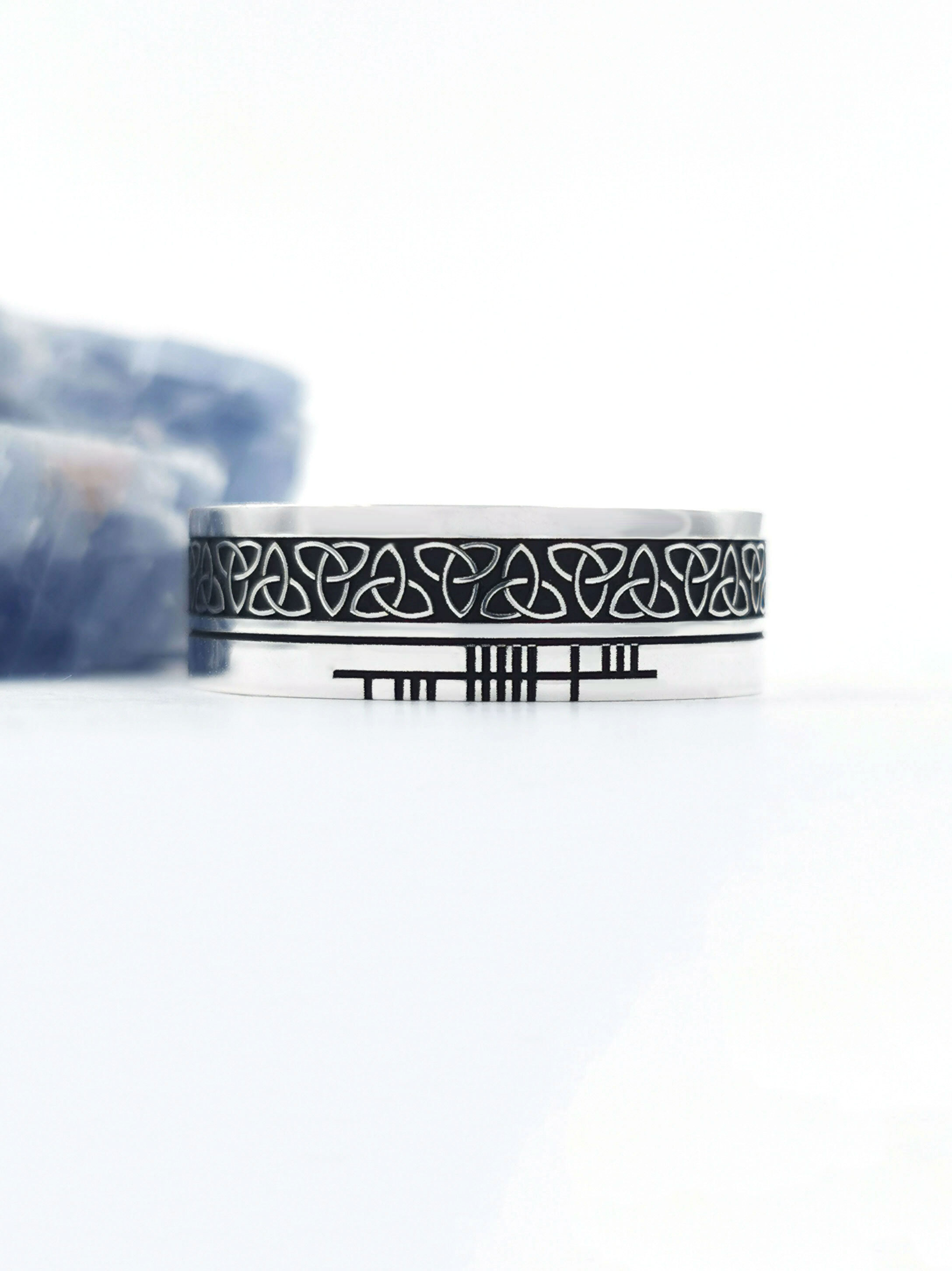 Striking Sterling Silver Ogham & Trinity Knot Wedding Ring With a Oxidized Finish