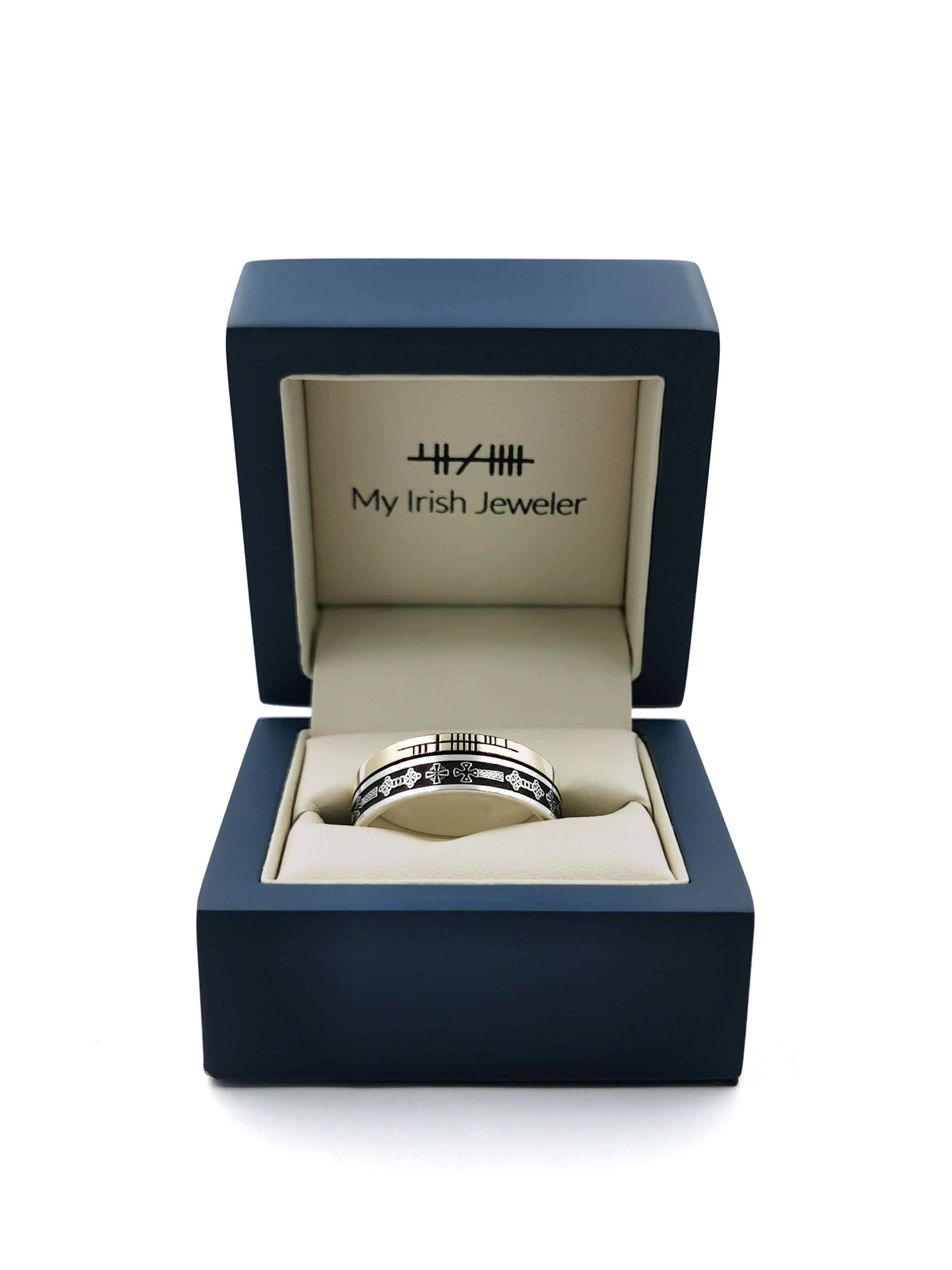 Celtic Cross 7.3mm Ring in Sterling Silver & 10K Yellow Gold With a Oxidised Finish. In Luxury Packaging.