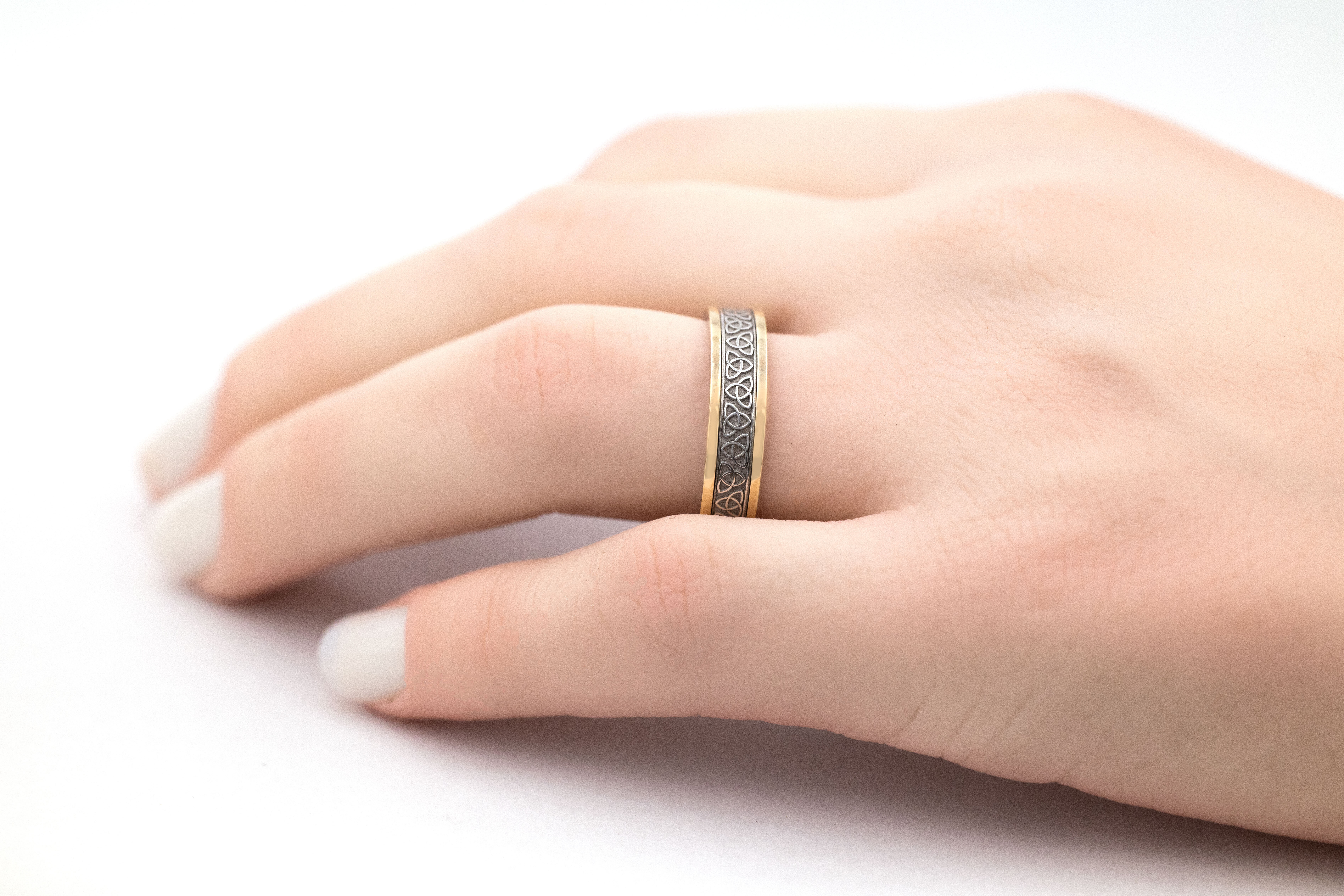 Authentic Sterling Silver & 10K Yellow Gold Trinity Knot 5.0mm Ring For Women - Model Photo