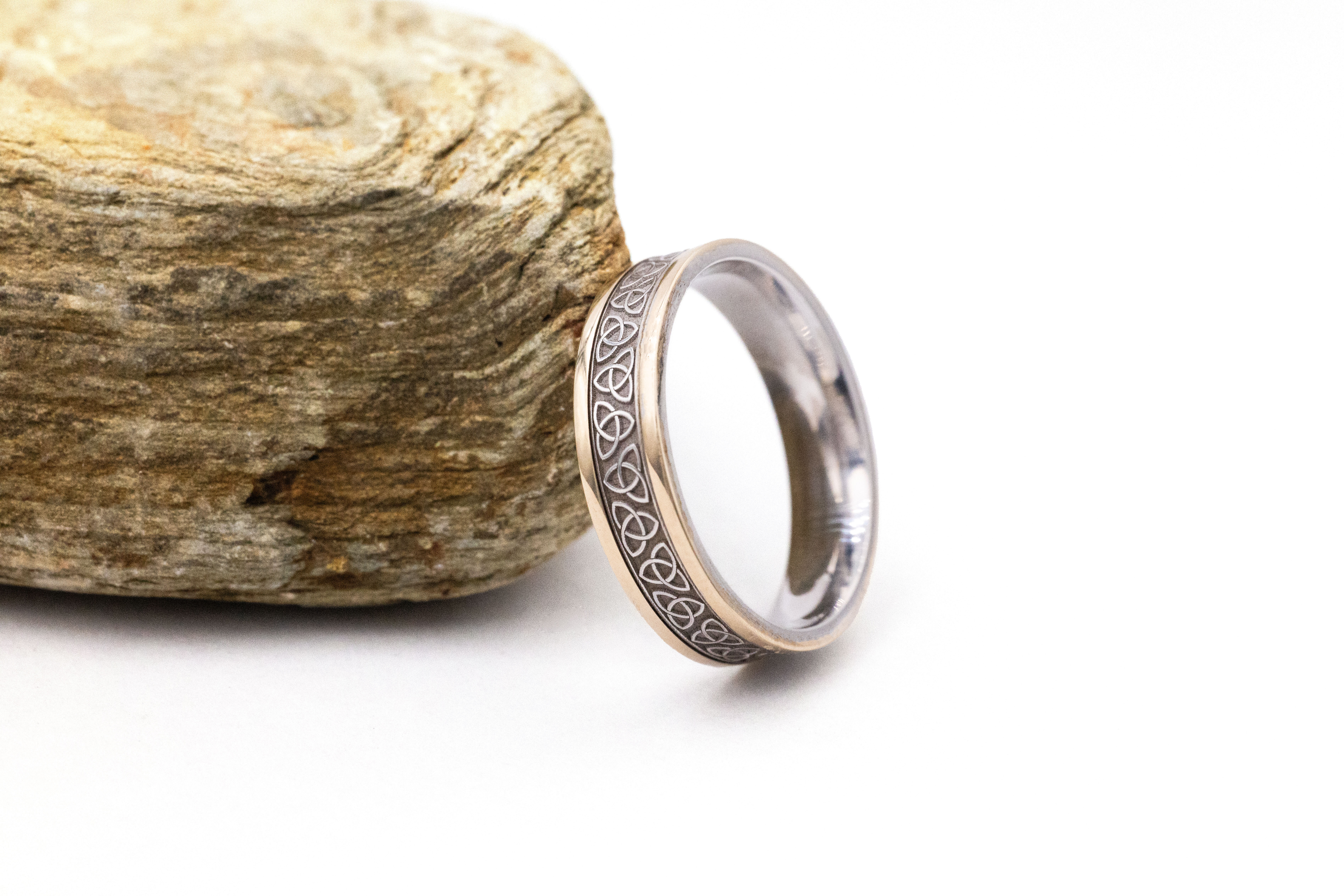 Womens Trinity Knot 5.0mm Ring in Sterling Silver & 10K Yellow Gold. Side View.