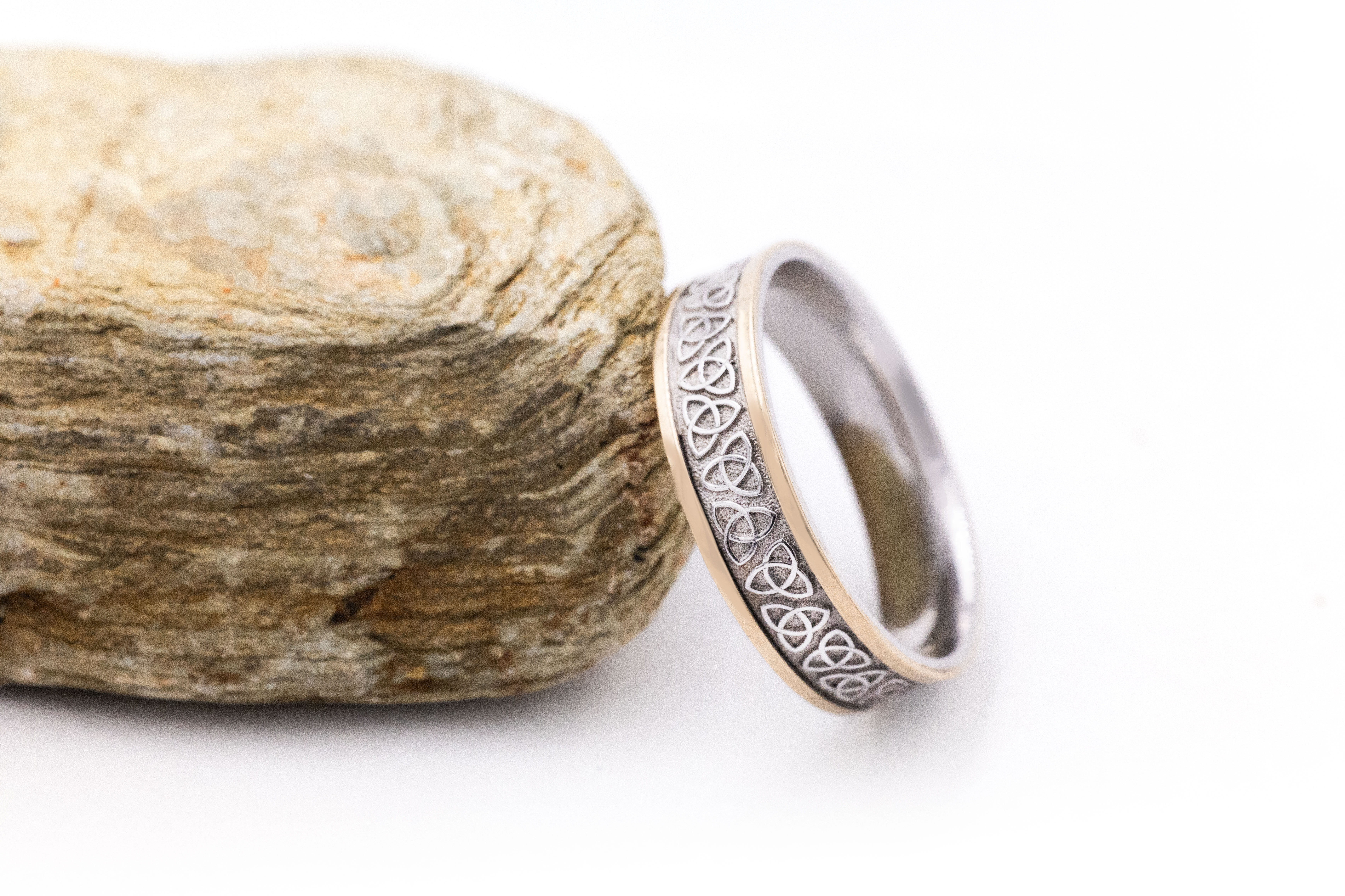 Striking Sterling Silver & 10K Yellow Gold Trinity Knot 6.5mm Ring For Men. Side View.