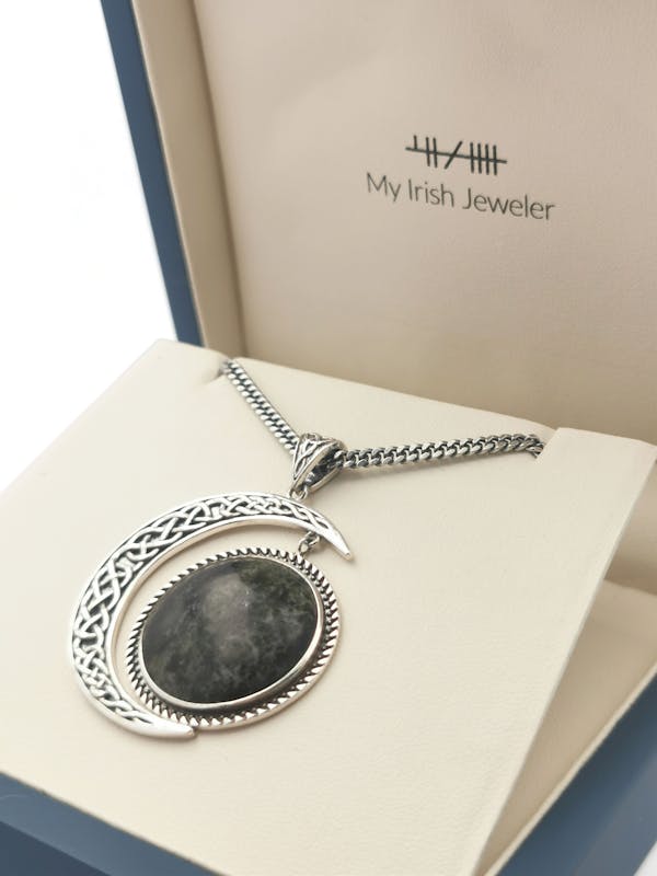 Womens Celtic Knot & Connemara Marble Necklace in Real Sterling Silver. In Luxury Packaging.