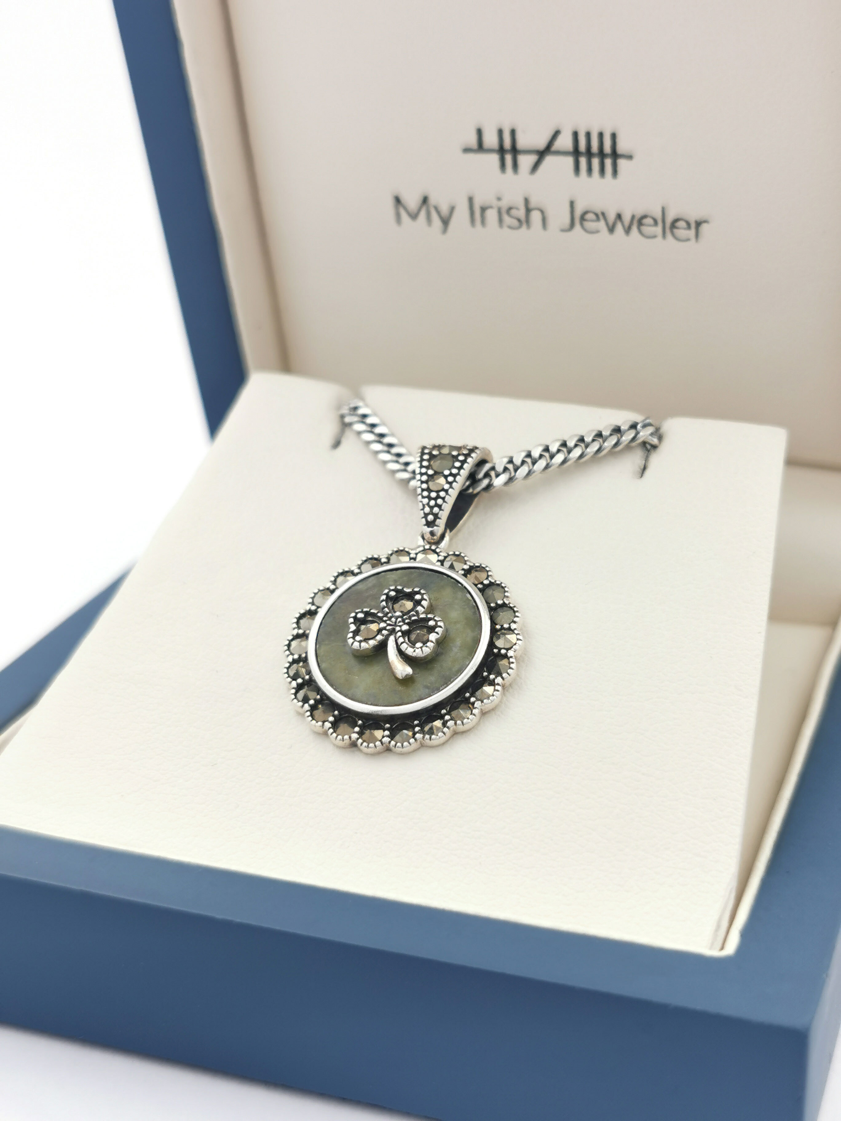 Womens Shamrock & Connemara Marble Necklace in Sterling Silver. In Luxury Packaging.