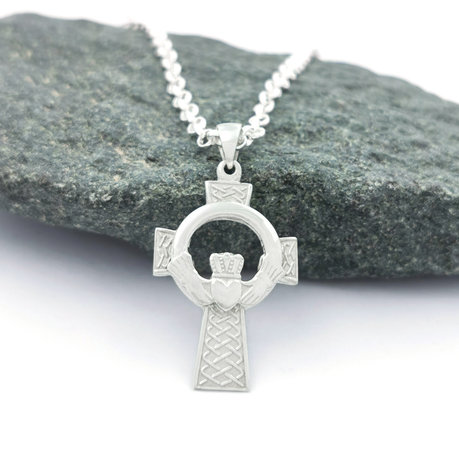 White Gold Claddagh Celtic Cross Necklace