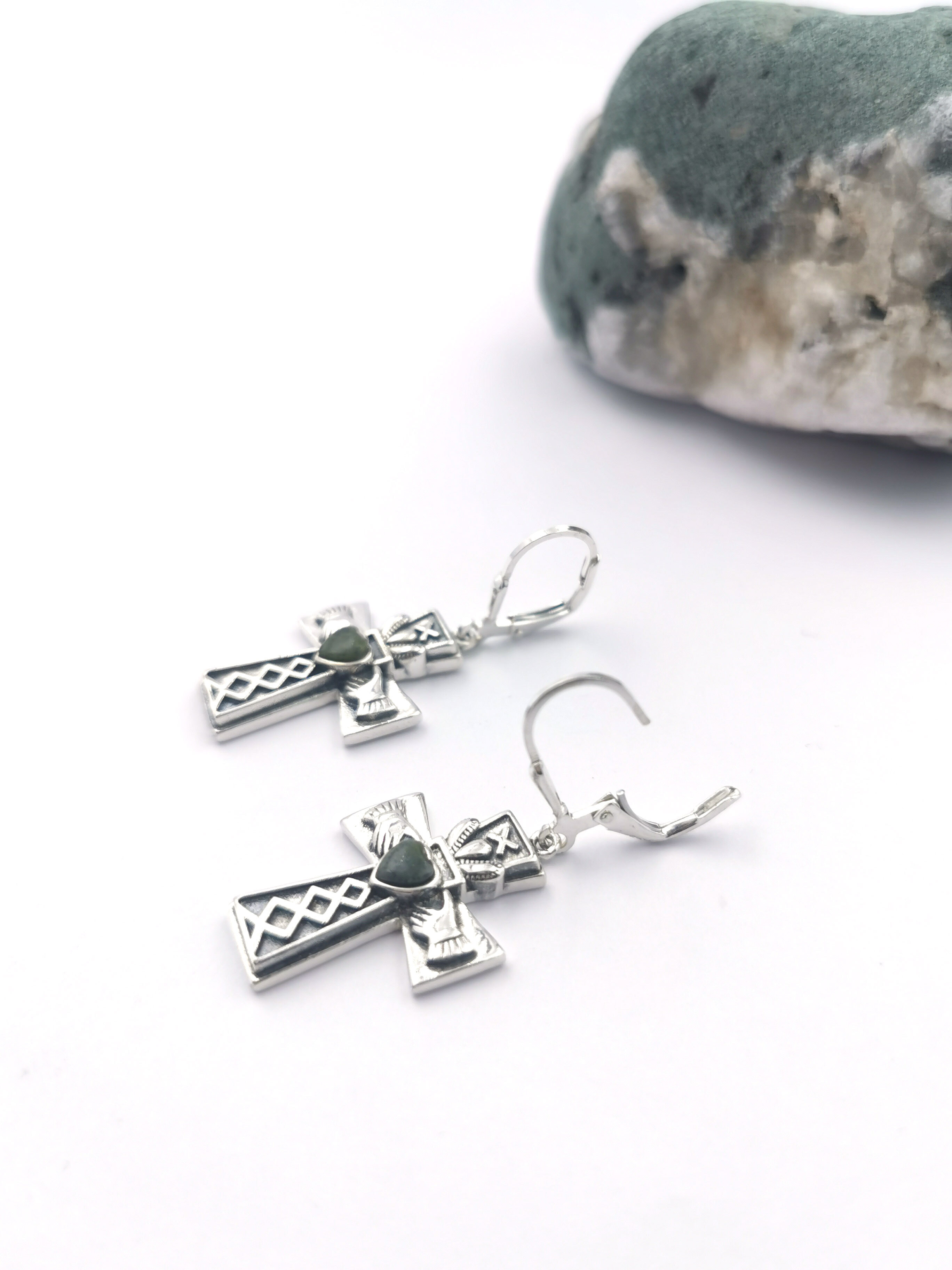 Womens Claddagh & Celtic Cross Earrings in Sterling Silver. Photographed Open.