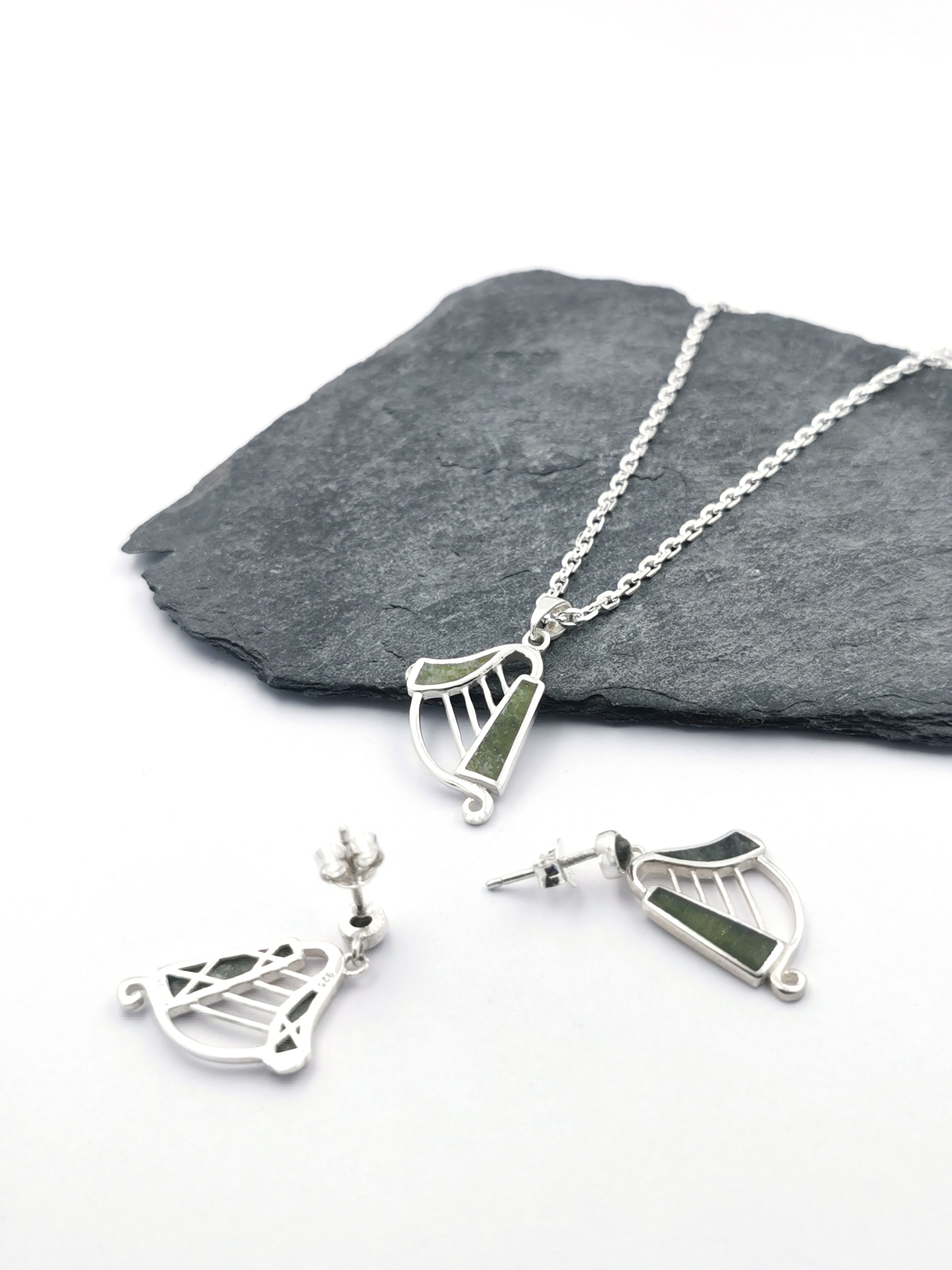 Irish Harp & Connemara Marble - Pendant and Matching Earrings