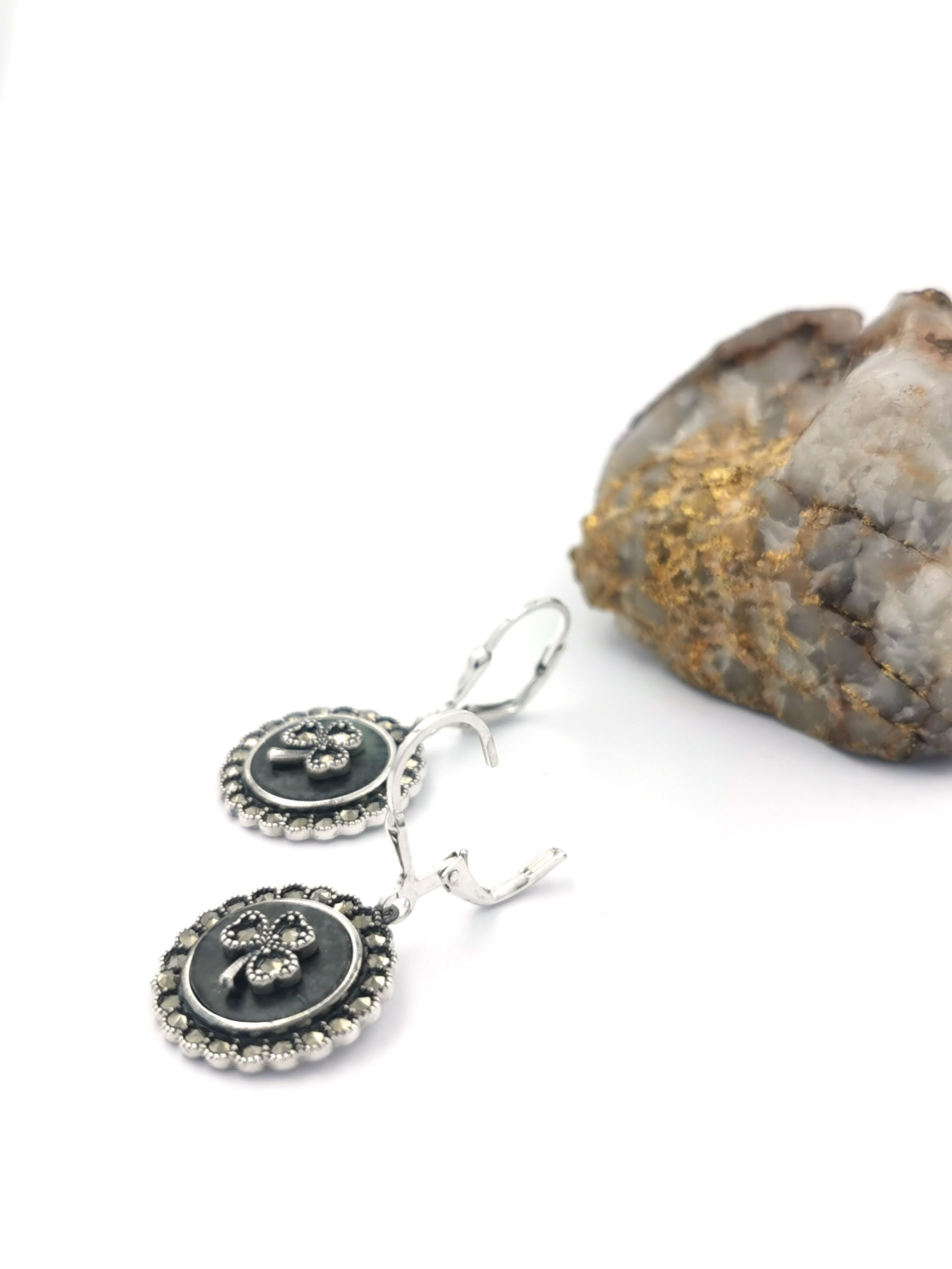 Womens Sterling Silver Shamrock Earrings. Photographed Open.