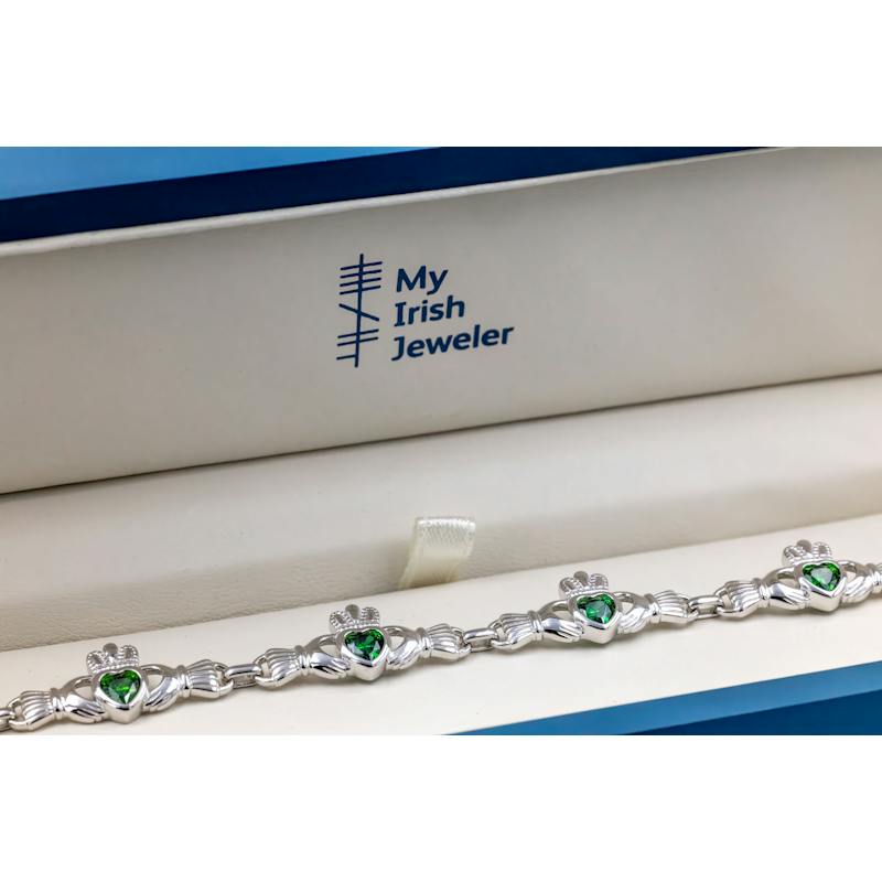 Claddagh Bracelet – Silver Rhodium Bangle, Irish Love Crown Loyalty Heart, Hook Closure