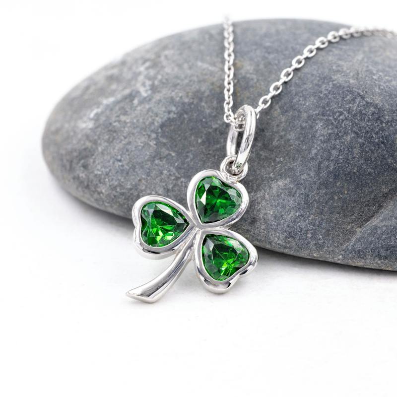 Shamrock 4-Leaf Clover Pendant Necklace - Gold & Green Cubic Zirconia, 17-Inch Chain