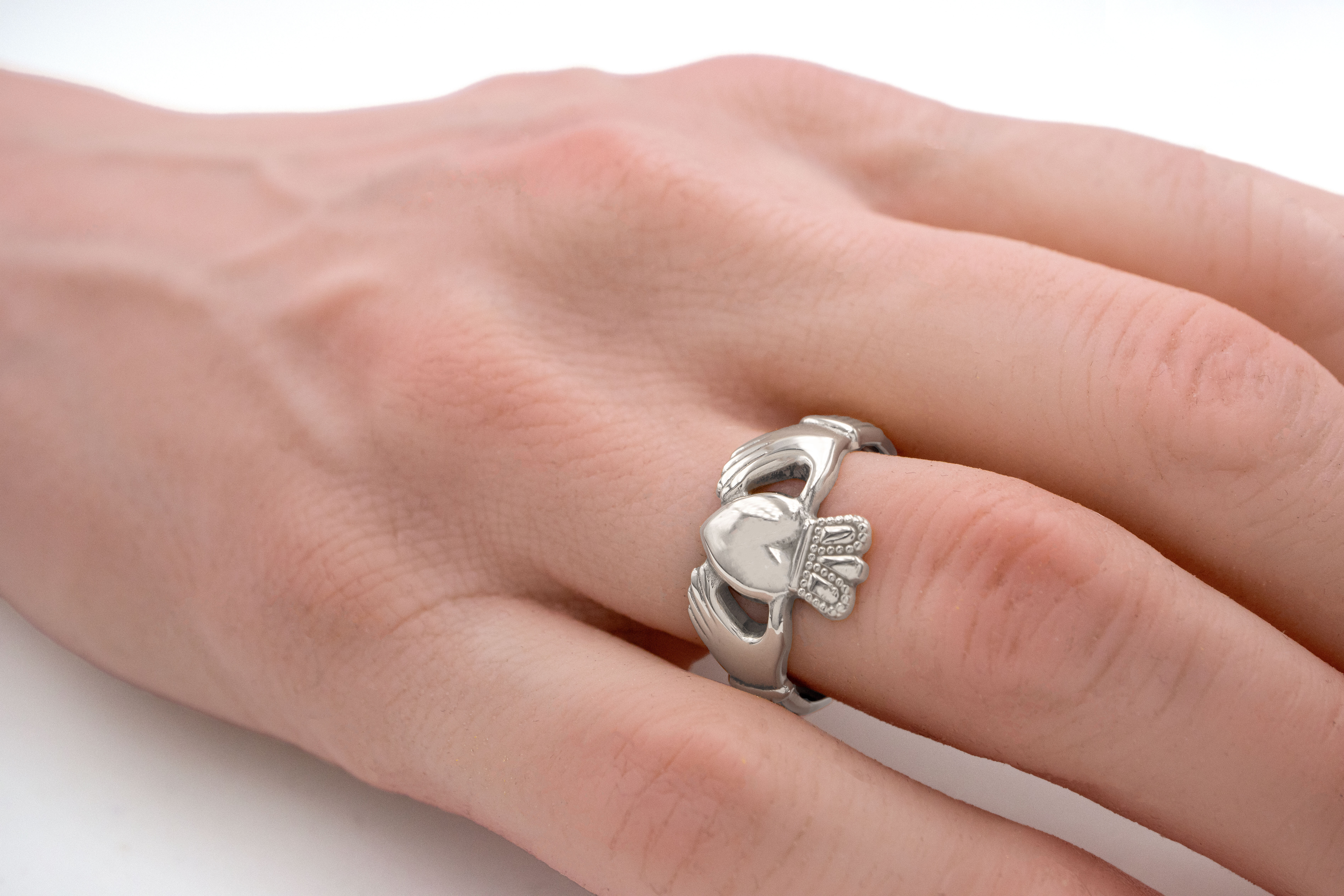 Mens Striking Sterling Silver Claddagh Ring - Model Photo