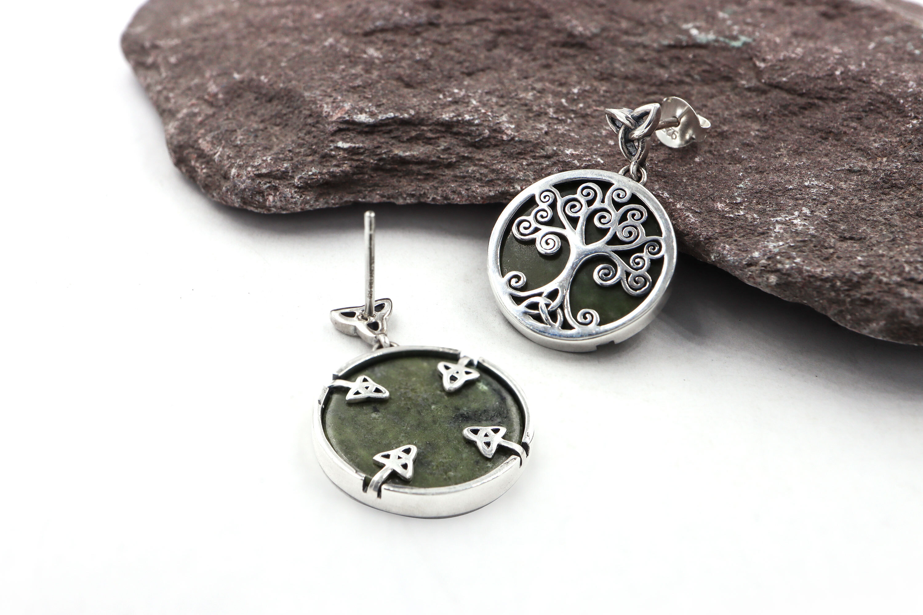 Womens Connemara Marble & Tree of Life Earrings in Sterling Silver
