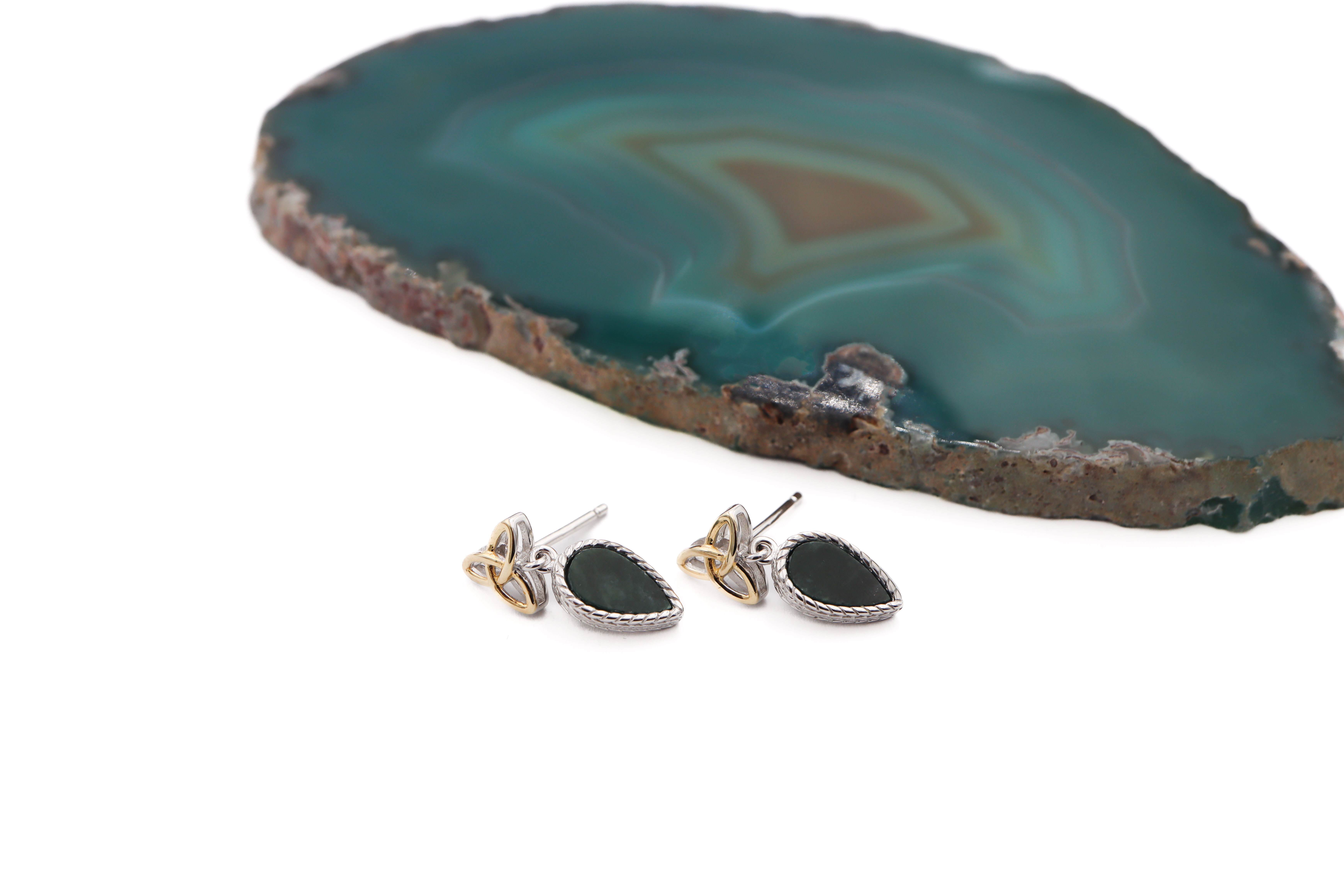 Striking Sterling Silver Connemara Marble & Trinity Knot Earrings For Women With a Polished Finish