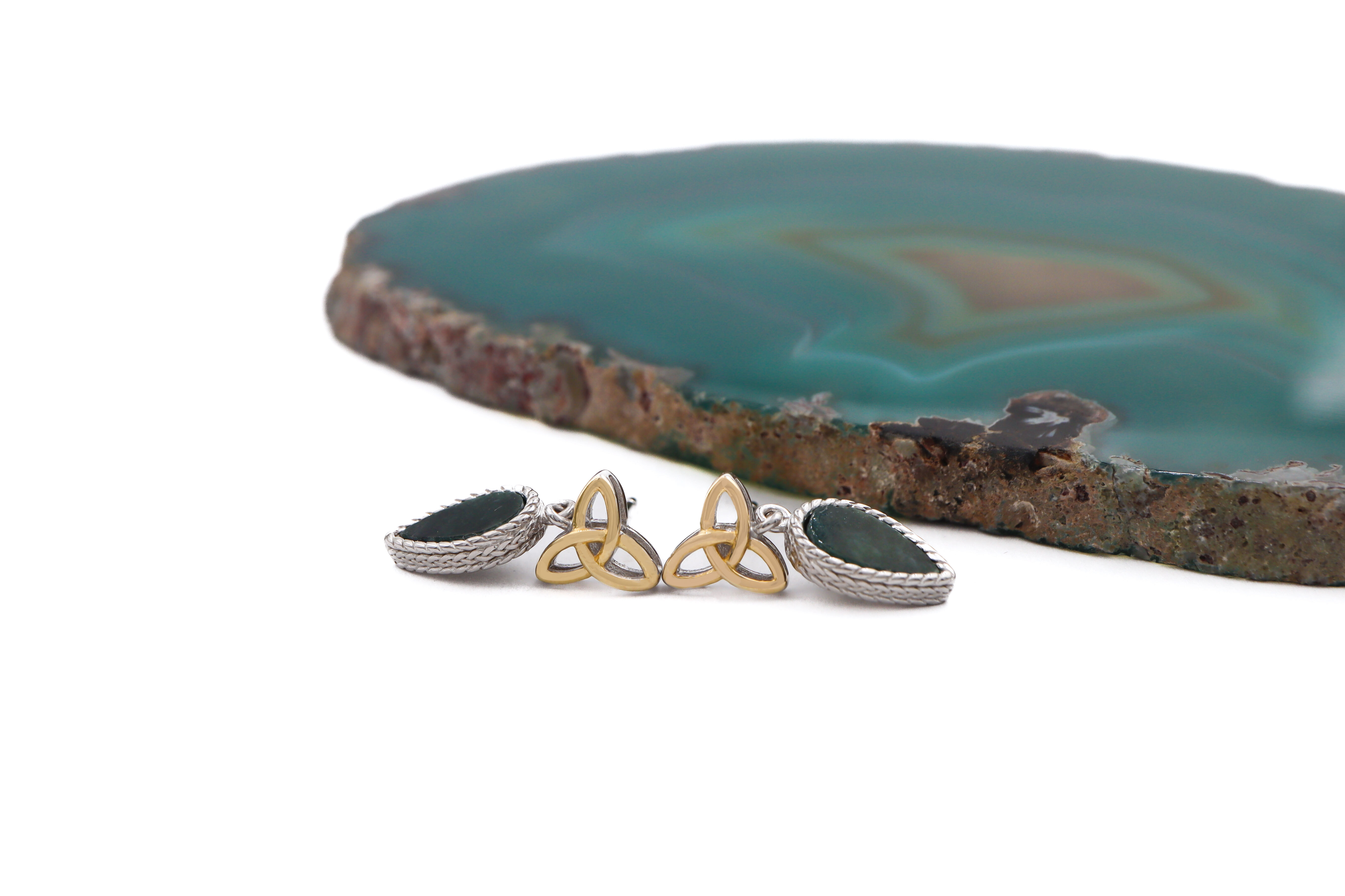 Womens Striking Polished Sterling Silver Connemara Marble Earrings