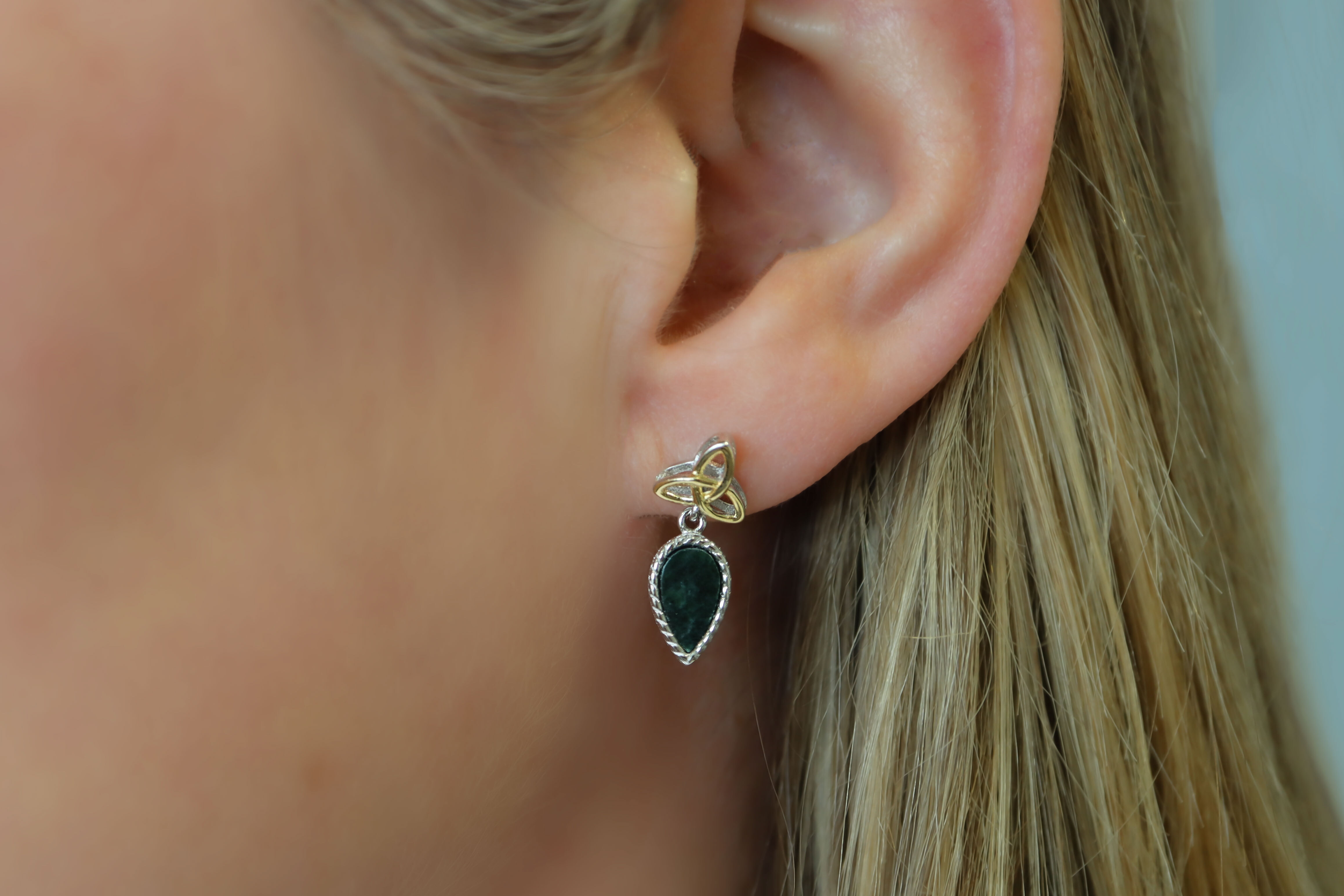 Womens Polished Connemara Marble & Trinity Knot Earrings in Real Sterling Silver - Model Photo