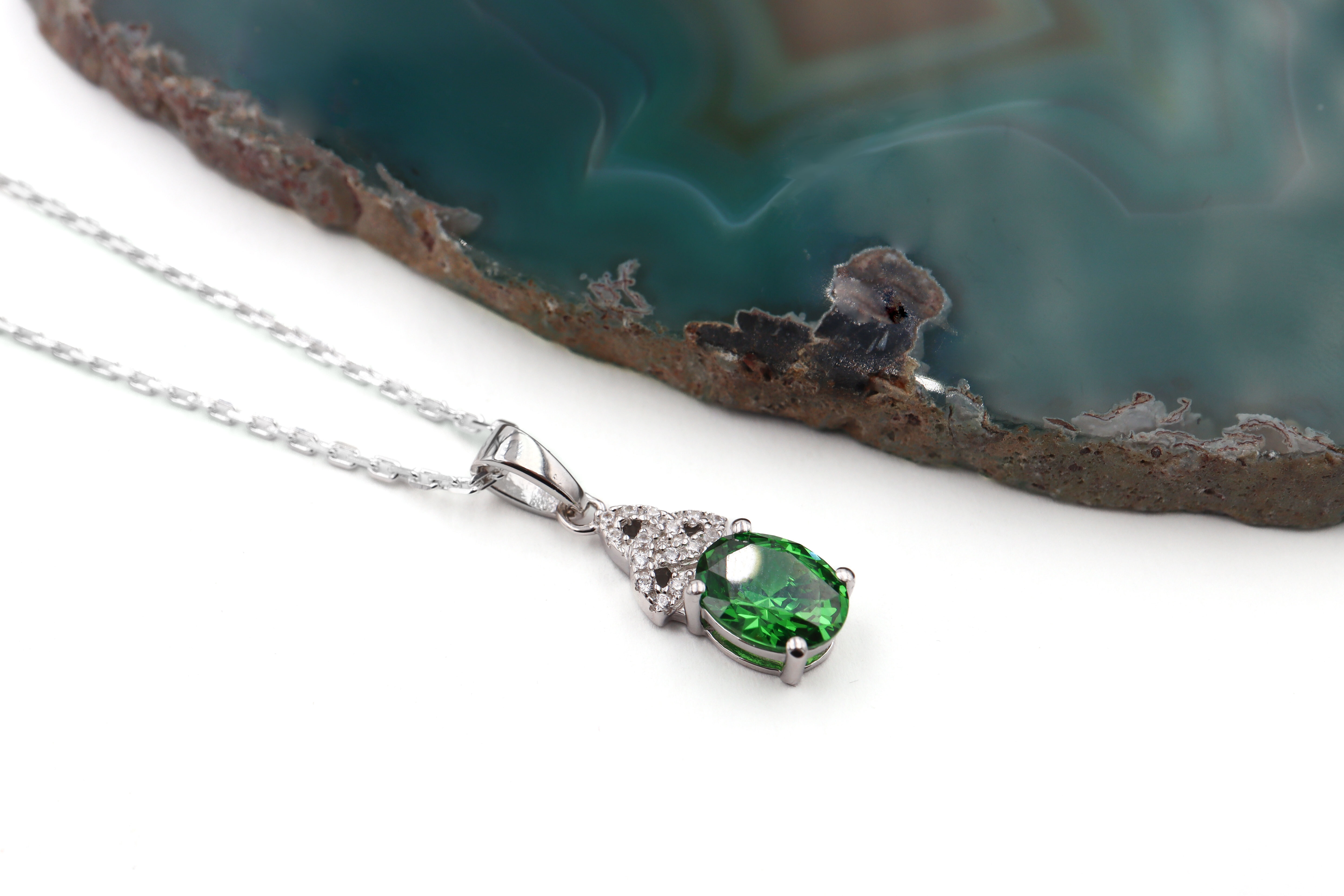 Womens Sterling Silver May Birthstone Necklace. Pictured Flat.