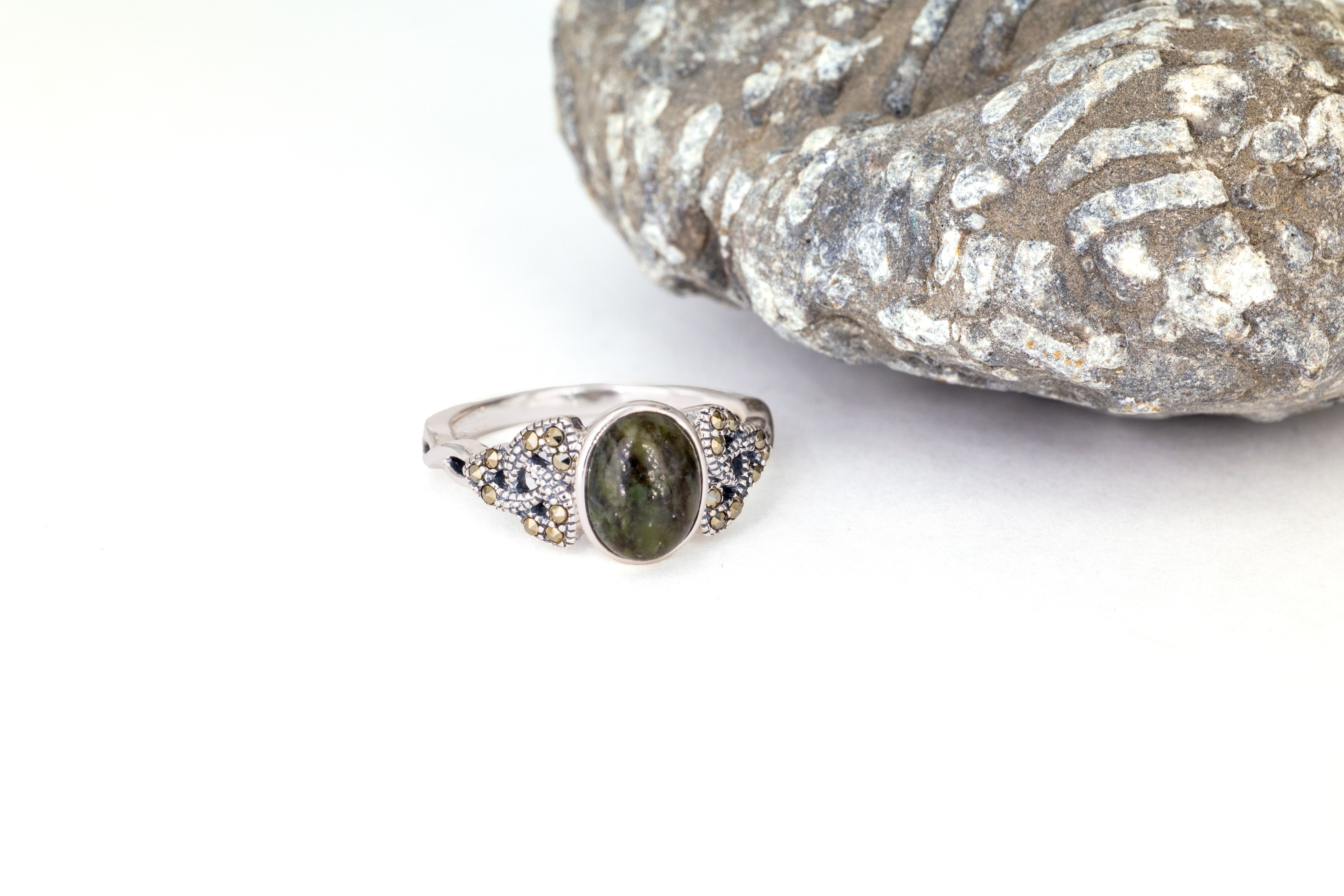 Womens Polished Sterling Silver Connemara Marble Ring