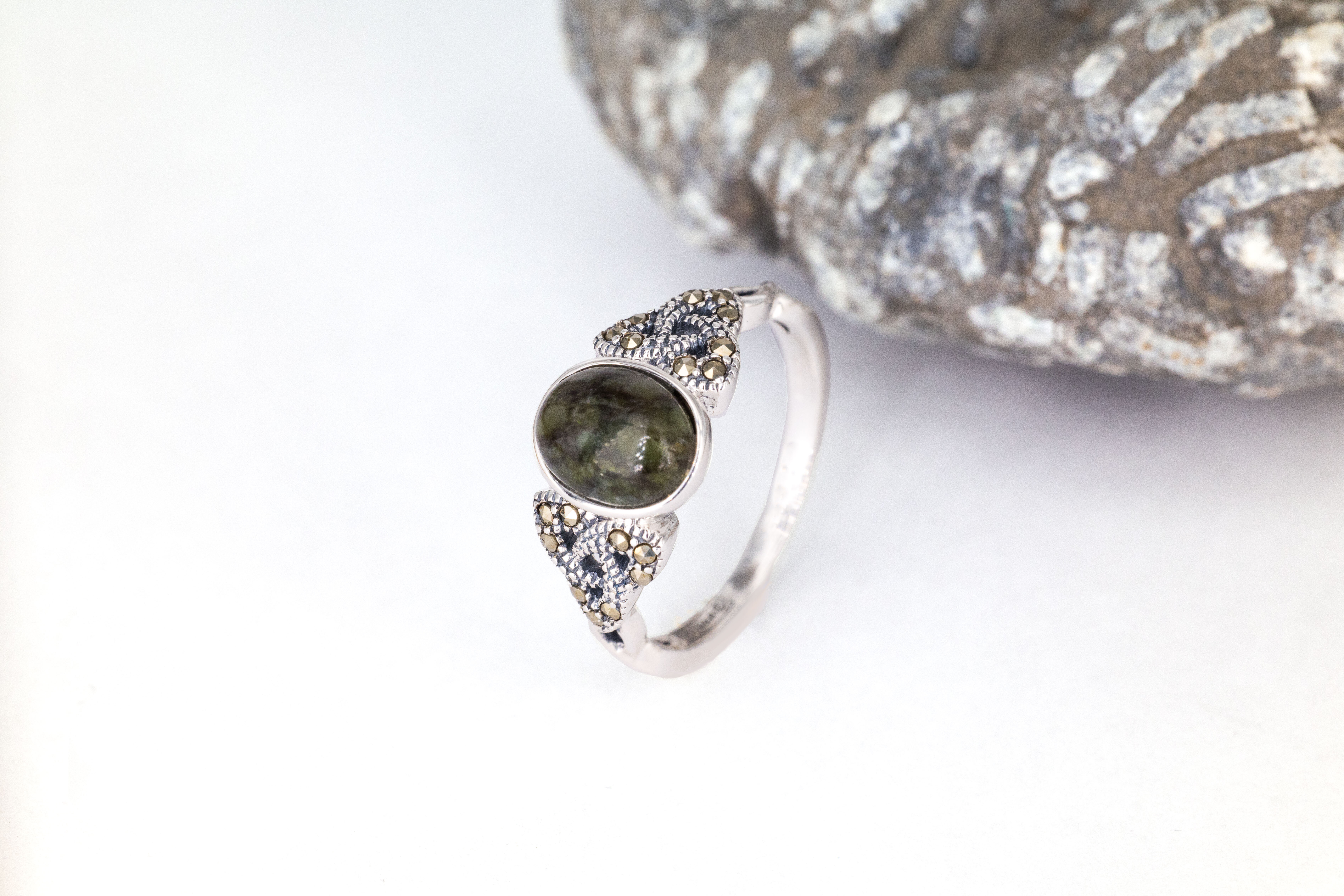Authentic Sterling Silver Connemara Marble & Trinity Knot Ring For Women With a Polished Finish