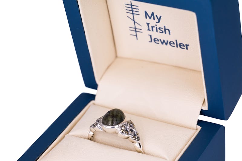 Real Sterling Silver Connemara Marble & Trinity Knot Ring For Women With a Polished Finish