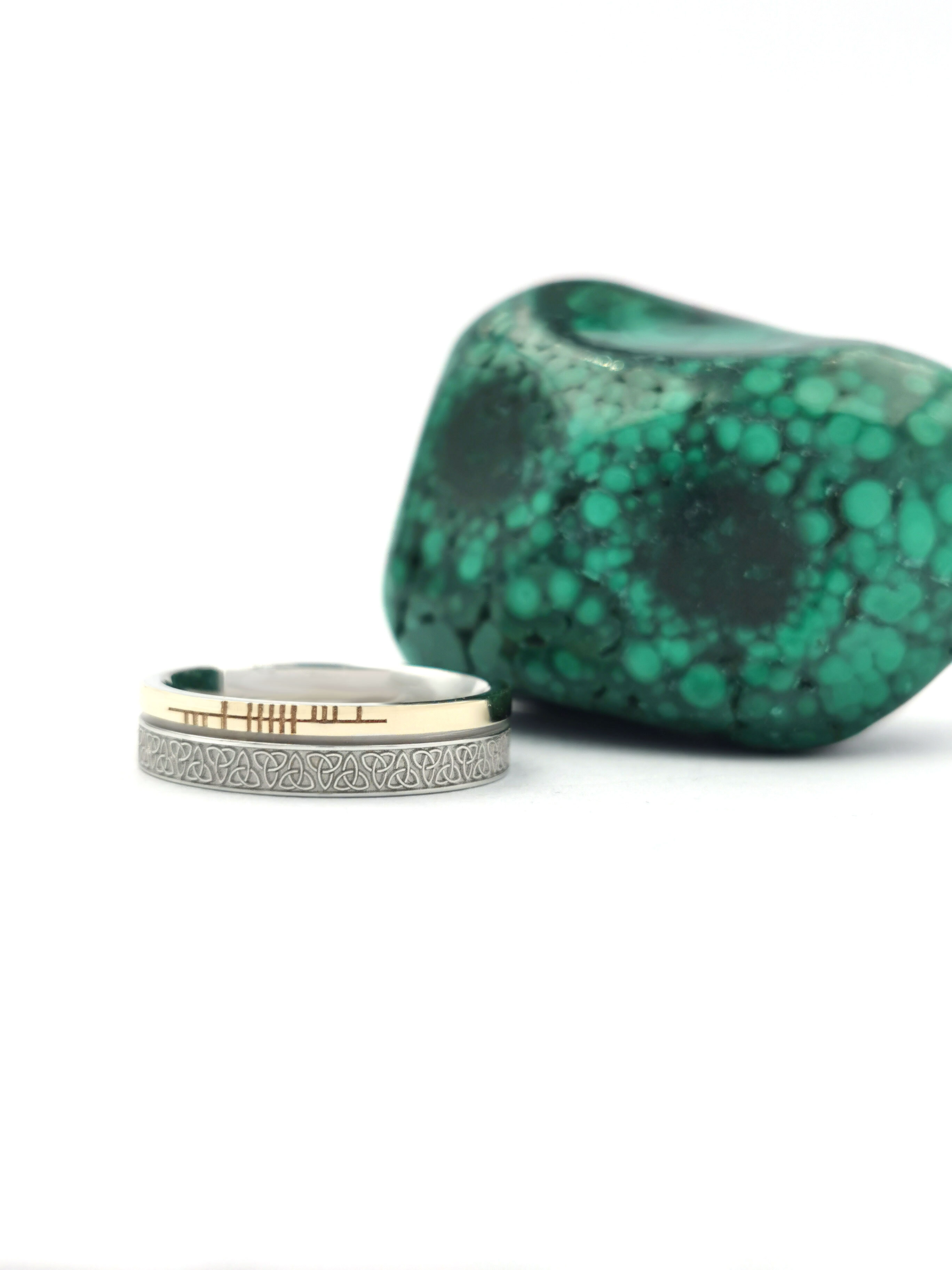 Florentine Ogham & Trinity Knot Wedding Ring in Real Sterling Silver & 10K Yellow Gold