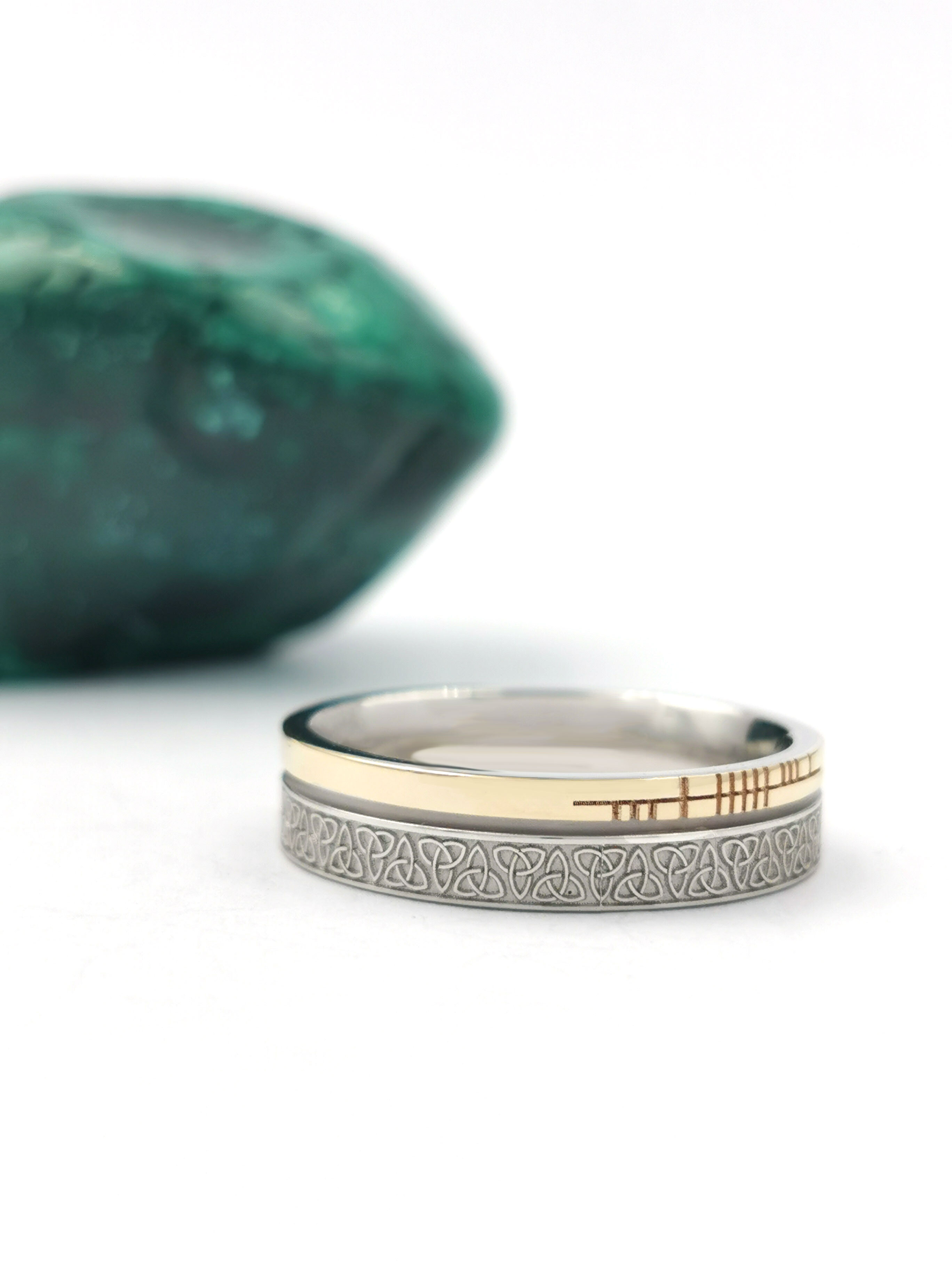 Authentic White Gold & Yellow Gold Ogham 7.3mm Ring With a Florentine Finish