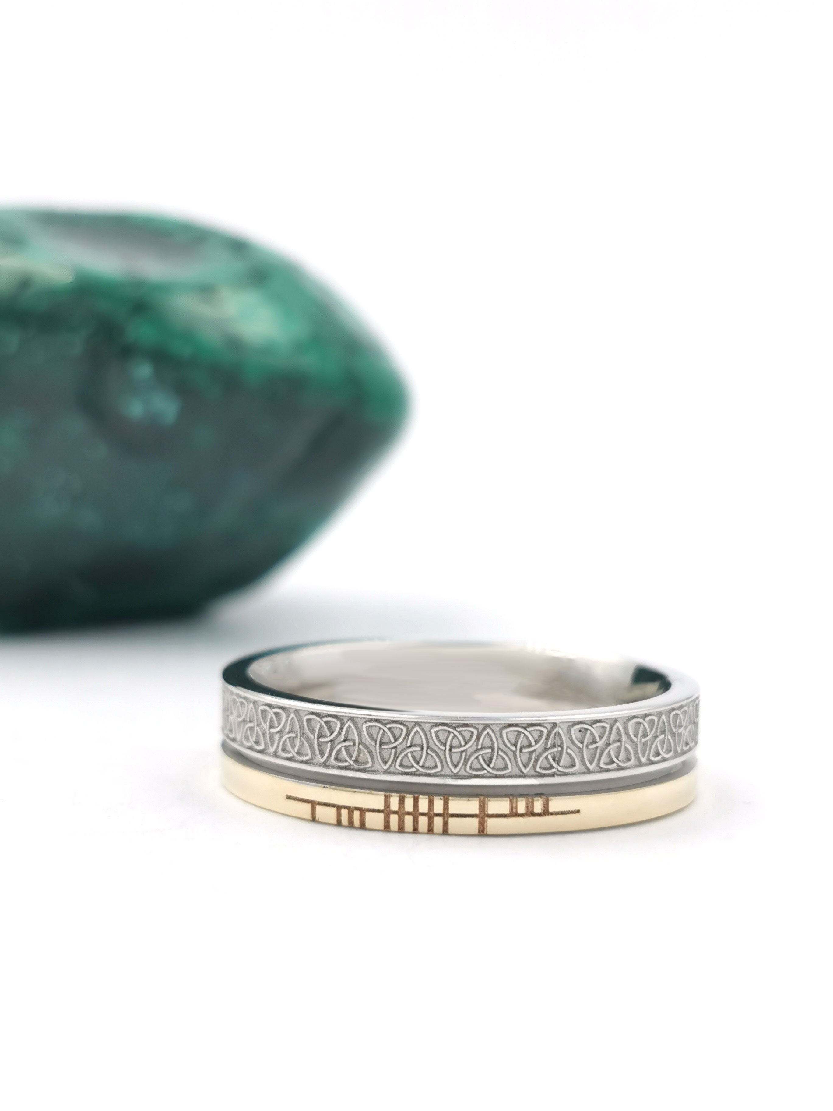 Attractive White Gold & Yellow Gold Ogham 5.2mm Ring With a Florentine Finish
