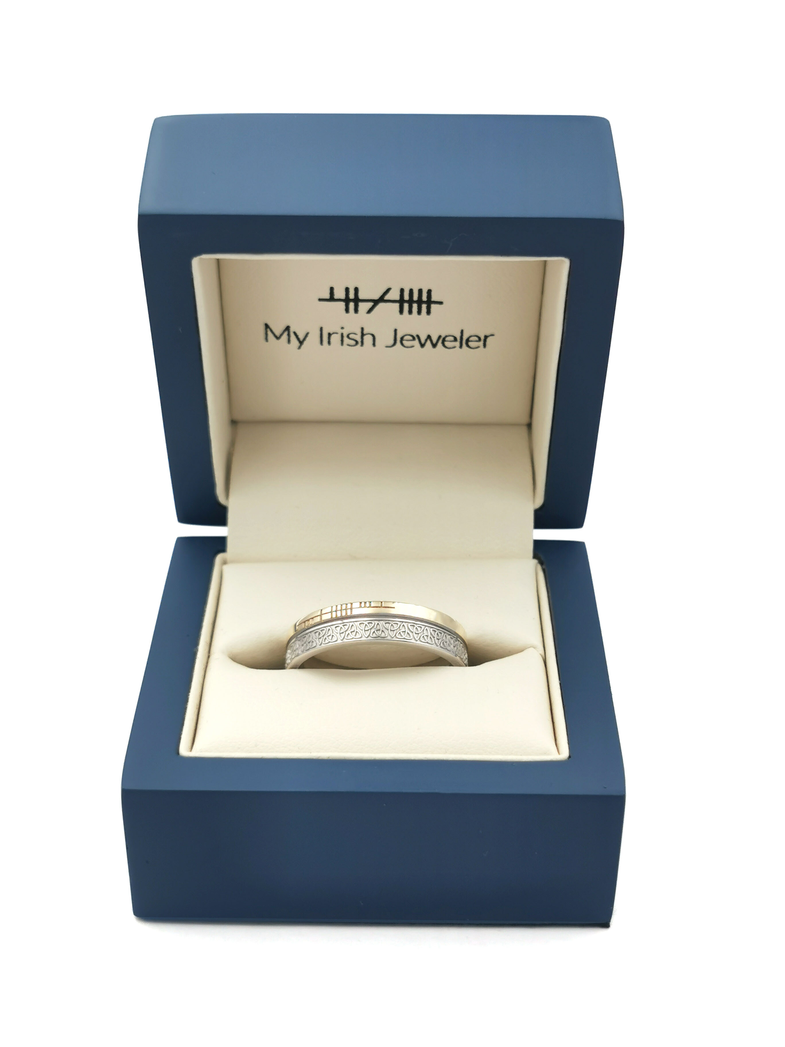 Ogham & Trinity Knot 5.2mm Ring in White Gold & Yellow Gold With a Florentine Finish. In Luxury Packaging.