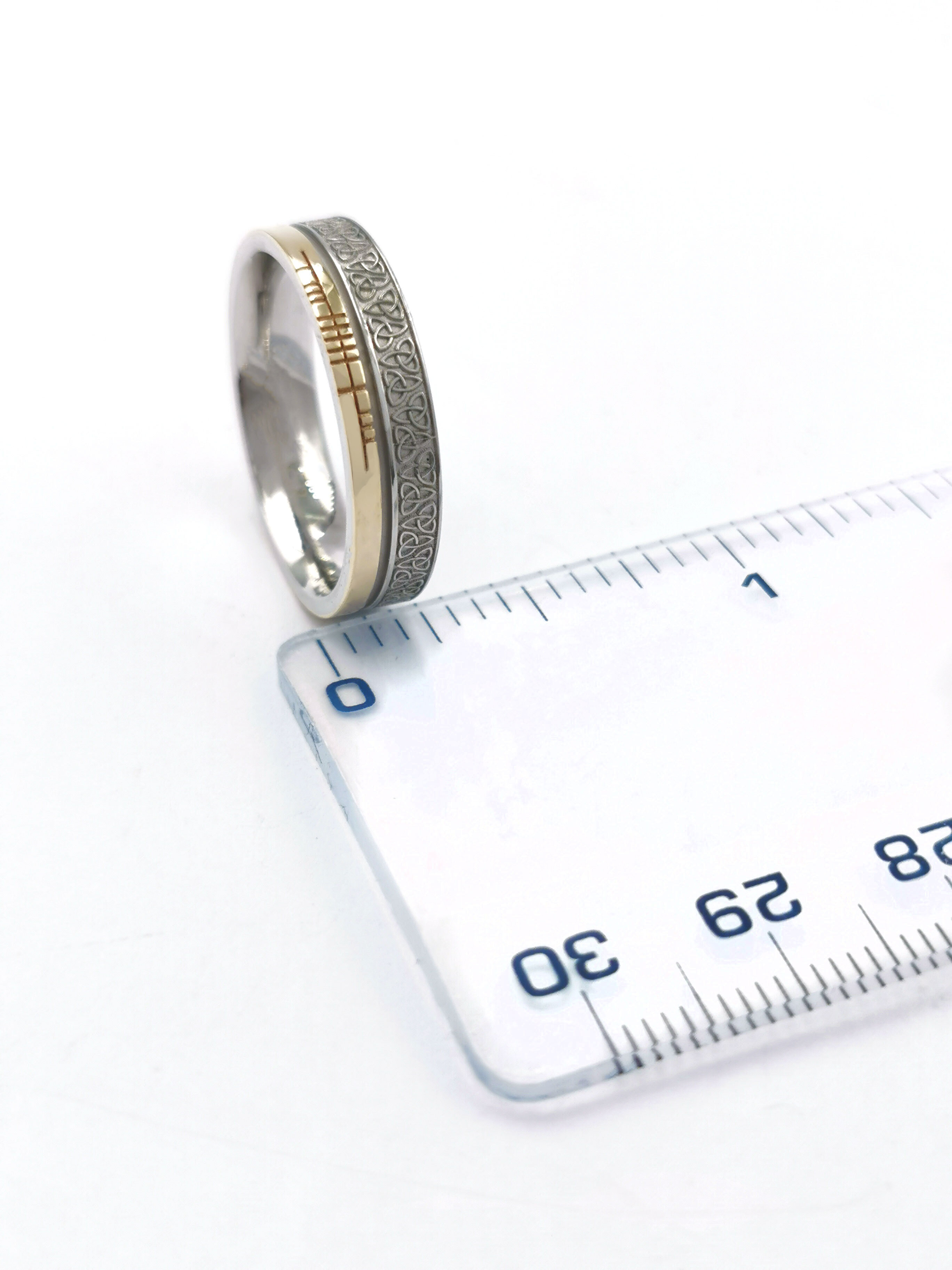 Florentine 10K White Gold & Yellow Gold Ogham & Trinity Knot 7.3mm Ring. Picture For Scale.