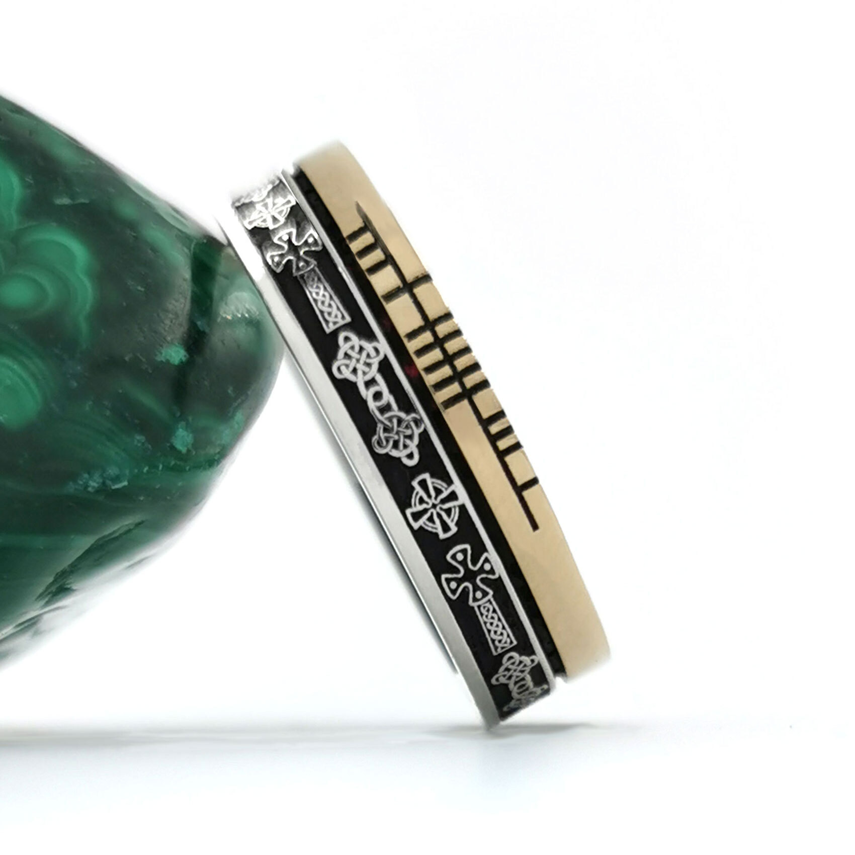 Oxidised Celtic Cross & Ogham 7.3mm Ring in Real Sterling Silver & 10K Yellow Gold