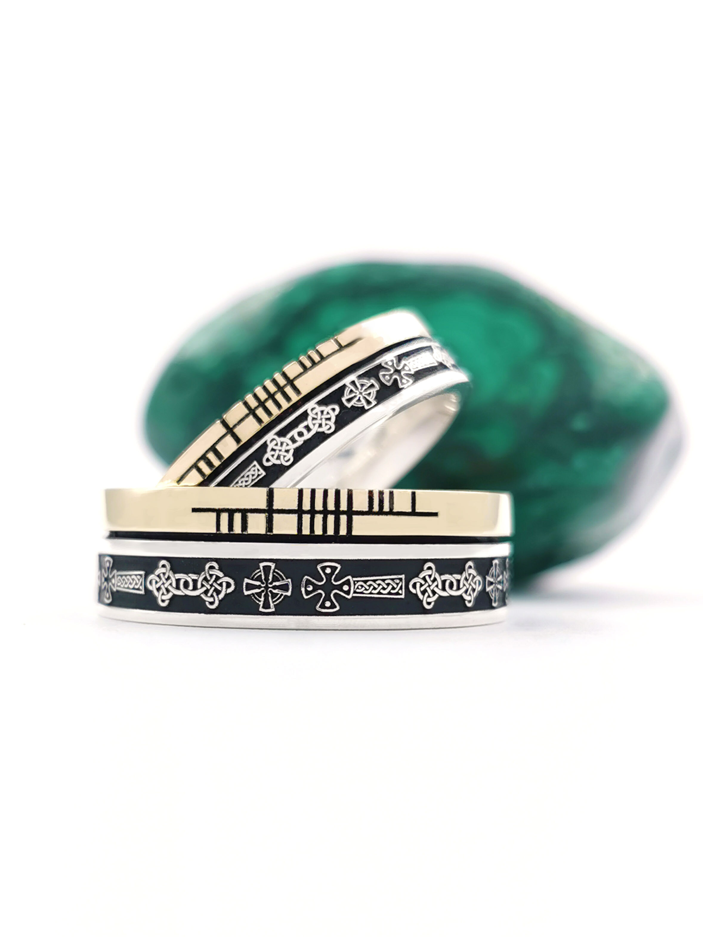 Irish Sterling Silver & 10K Yellow Gold Celtic Cross & Ogham 7.3mm Ring With a Oxidised Finish