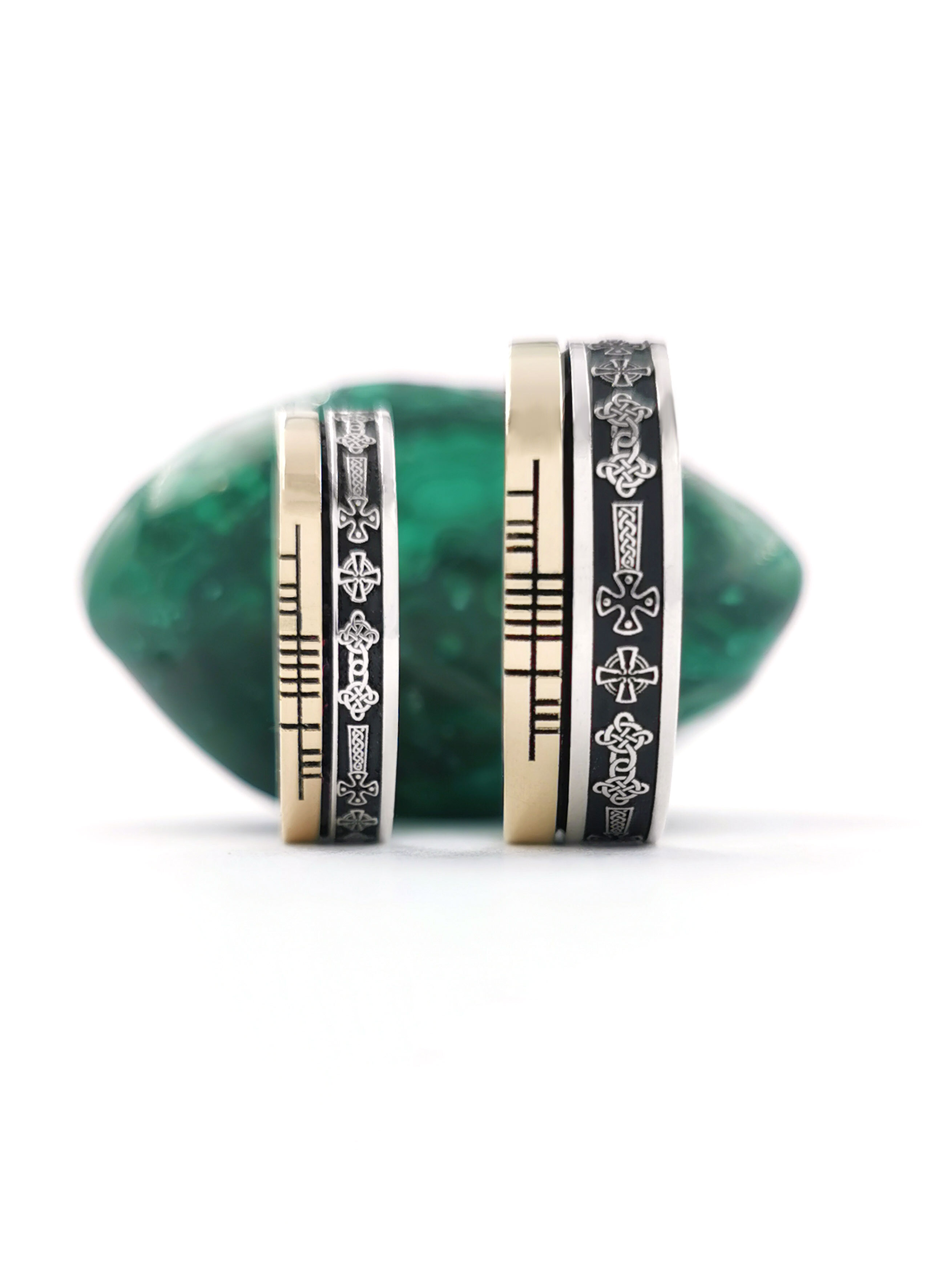 Celtic Cross 7.3mm Ring in Sterling Silver & 10K Yellow Gold With a Oxidised Finish