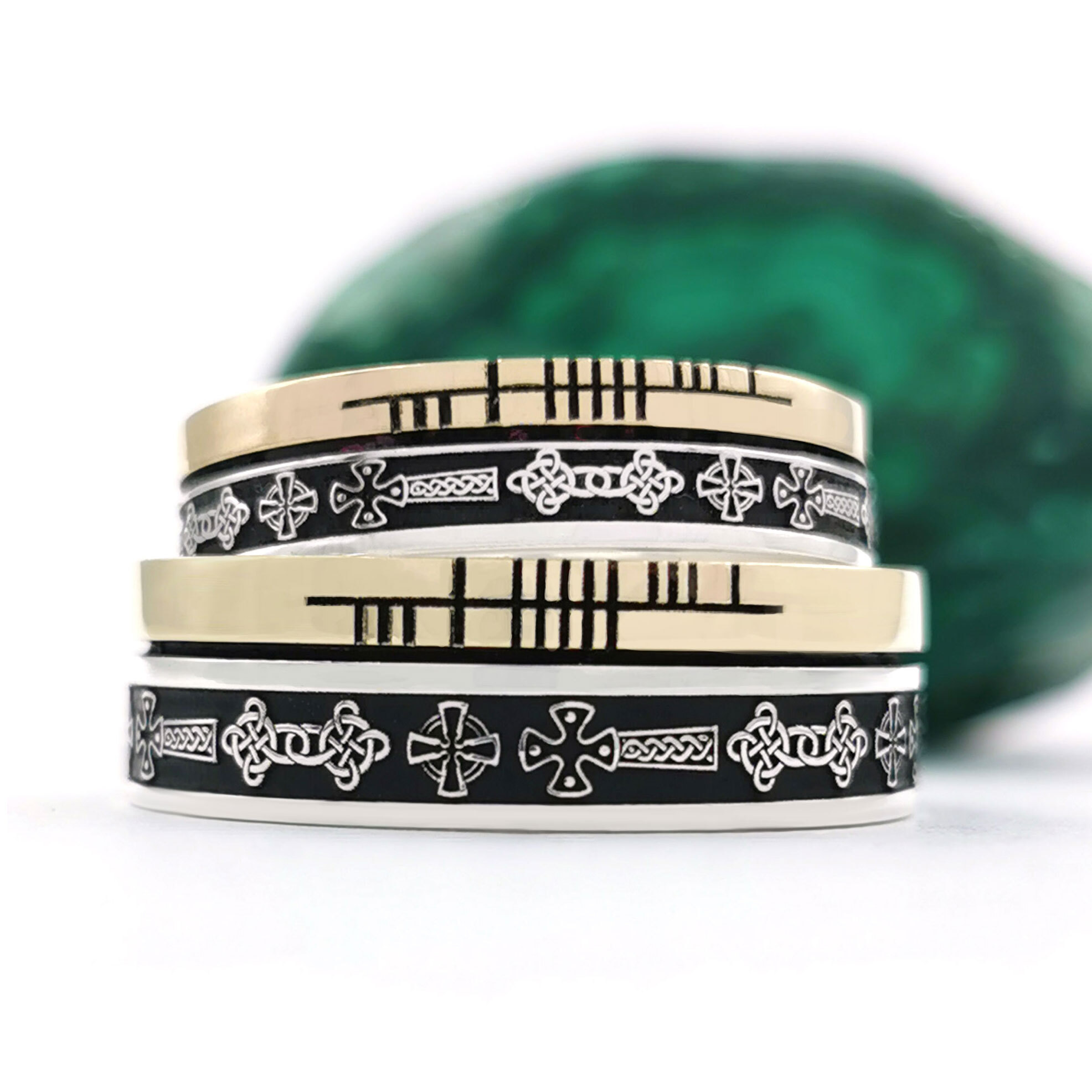 Gorgeous Sterling Silver & 10K Yellow Gold Celtic Cross & Ogham 7.3mm Ring With a Oxidised Finish