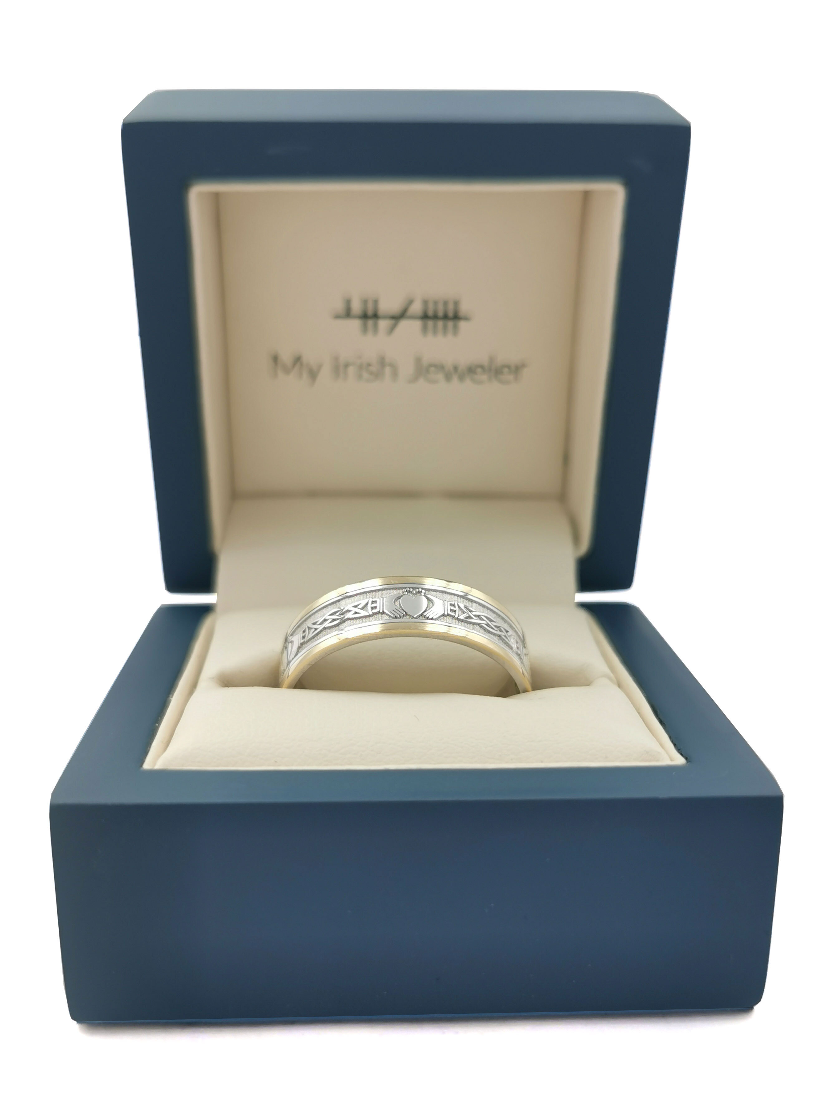 Gorgeous White Gold & Yellow Gold Claddagh Wedding Ring For Men. In Luxury Packaging.
