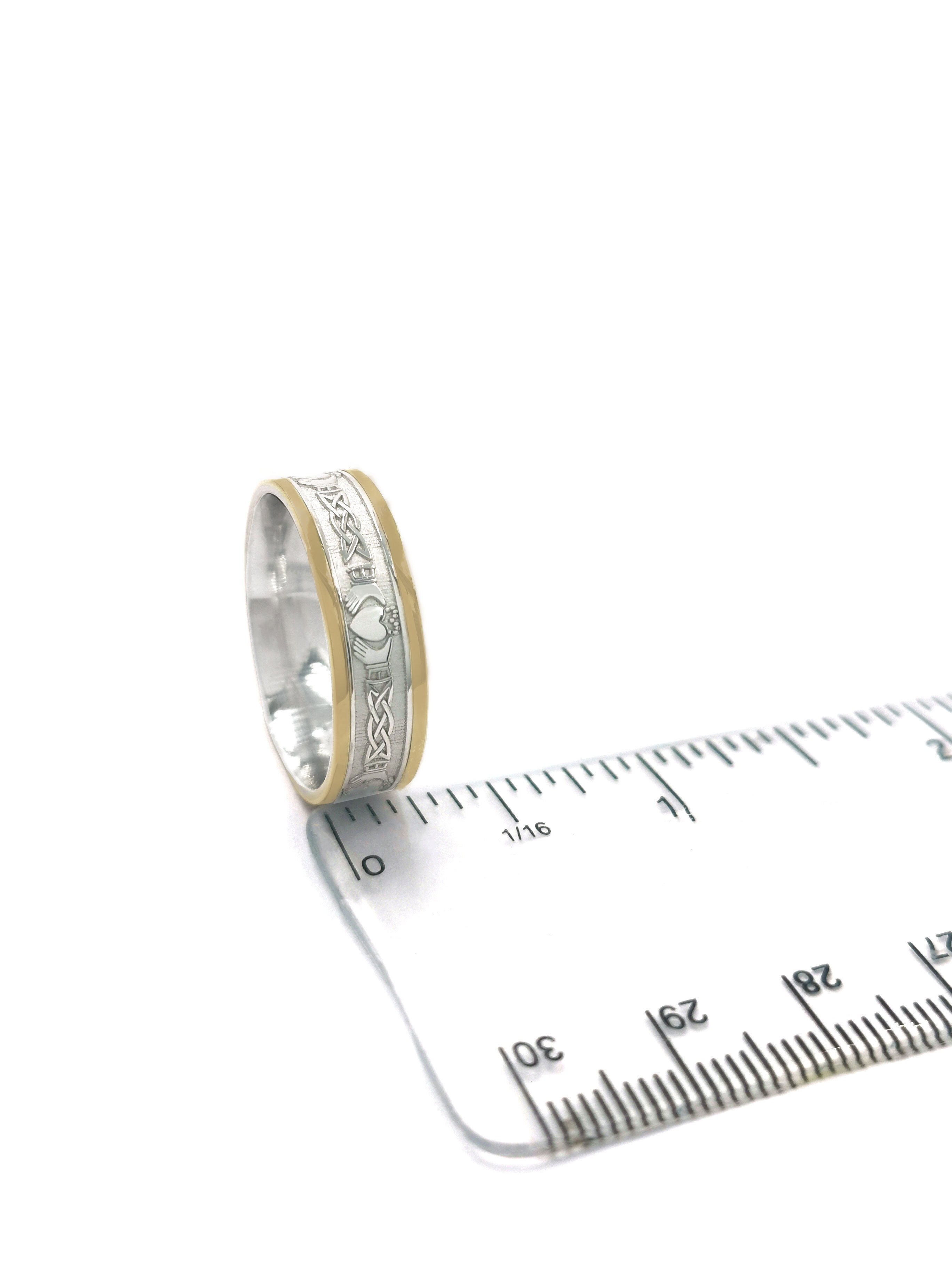 Mens Claddagh Wedding Ring in Real 14K White Gold & Yellow Gold. Picture For Scale.