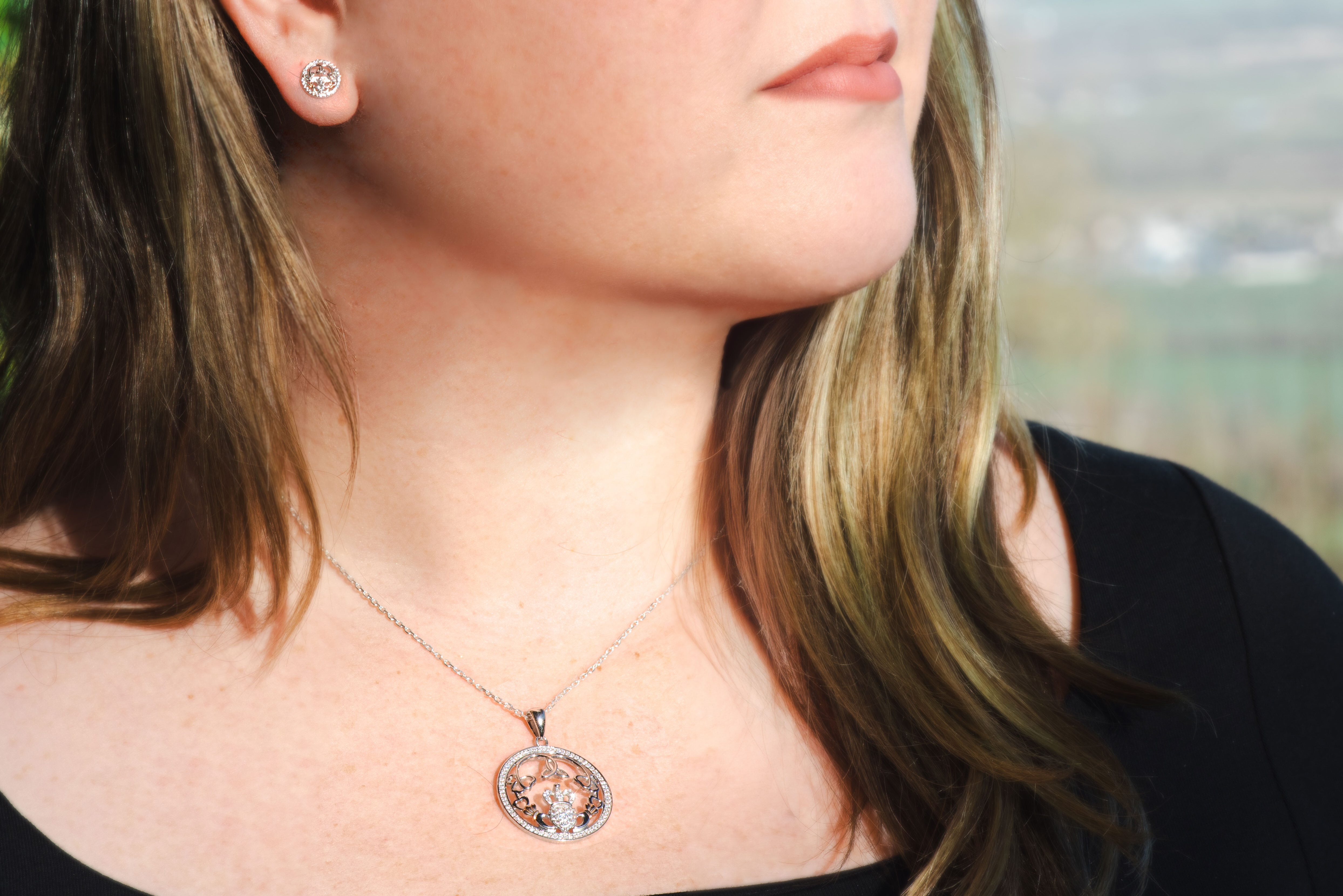 Real Sterling Silver Claddagh Gift Set For Women With a Polished Finish - Model Photo