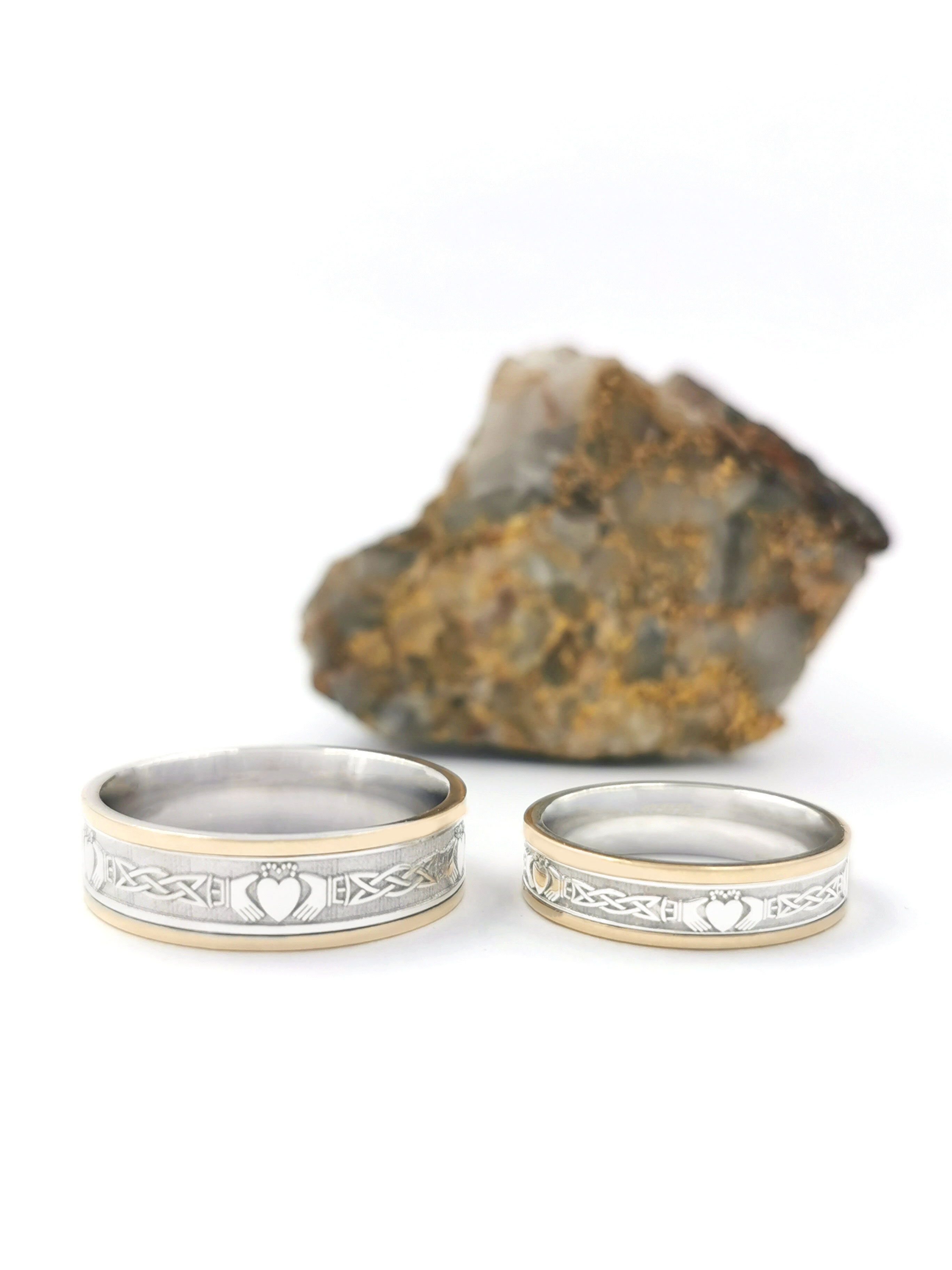 Womens Claddagh & Celtic Knot Ring in 14K White Gold & Yellow Gold. Side View.