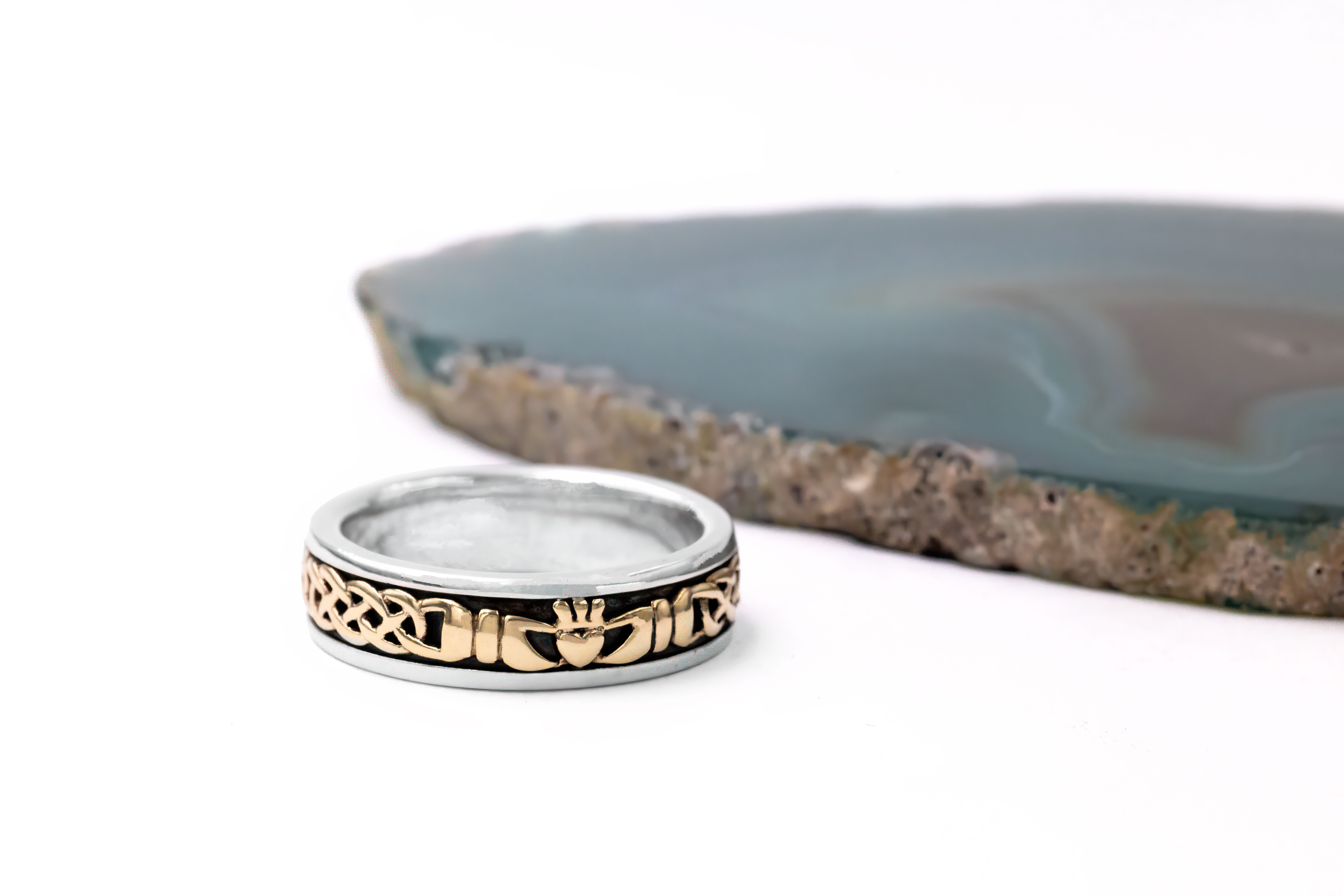 Womens Striking Sterling Silver & 10K Yellow Gold Claddagh Ring