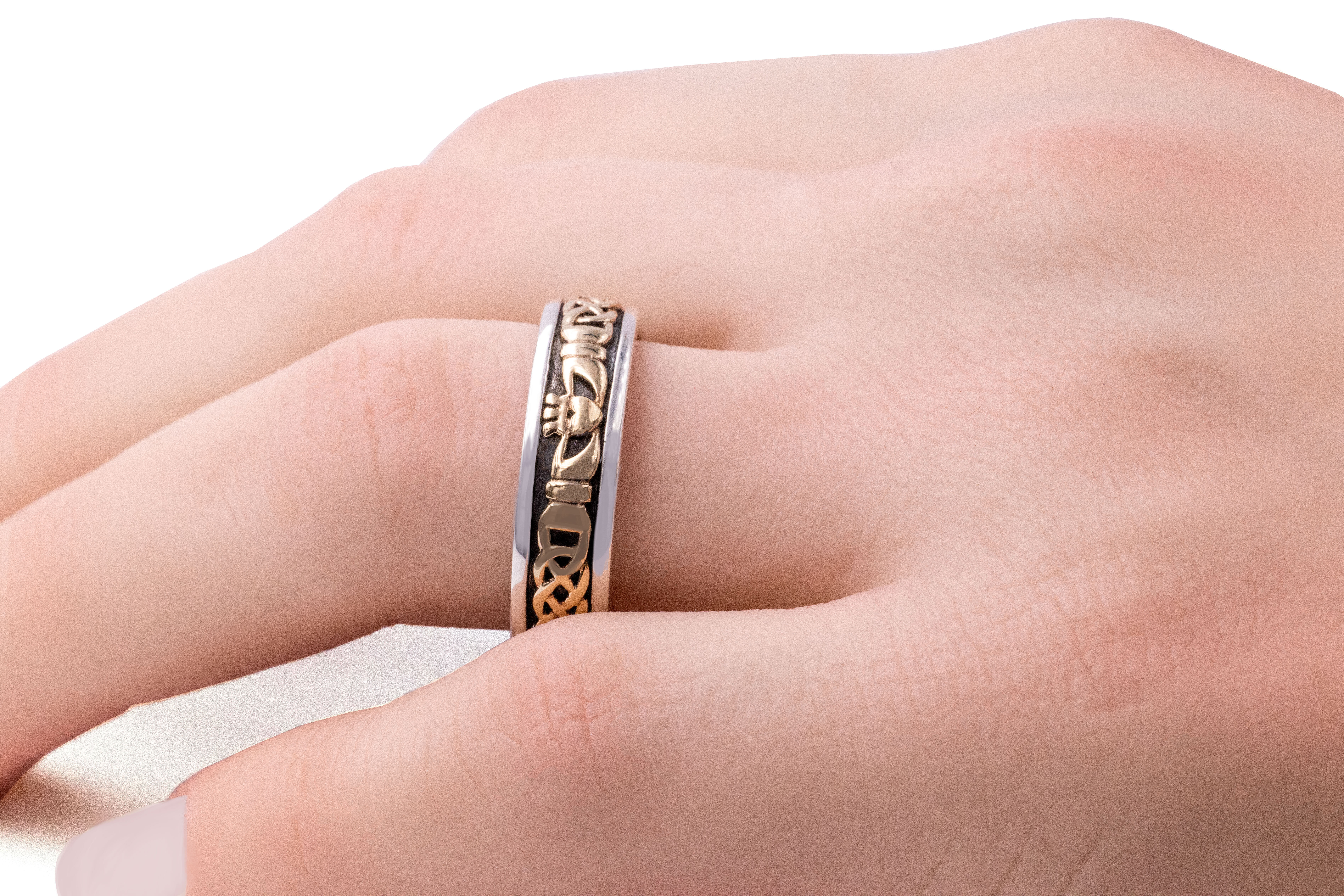 Striking Sterling Silver & 10K Yellow Gold Claddagh & Celtic Knot Gift Set With a Oxidized Finish - Model Photo