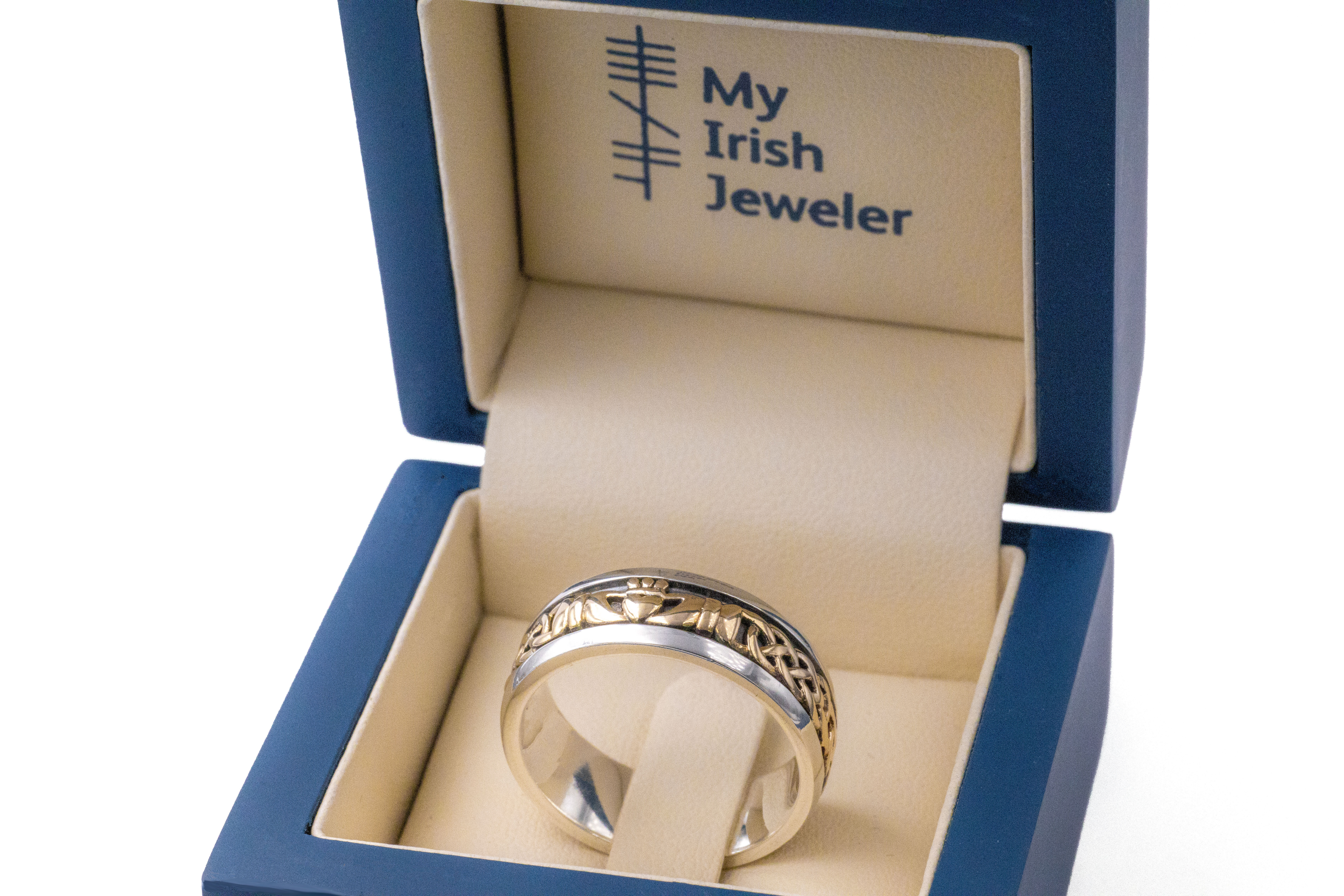 Attractive Sterling Silver & 10K Yellow Gold Claddagh & Celtic Knot 7.5mm Ring For Men. In Luxury Packaging.