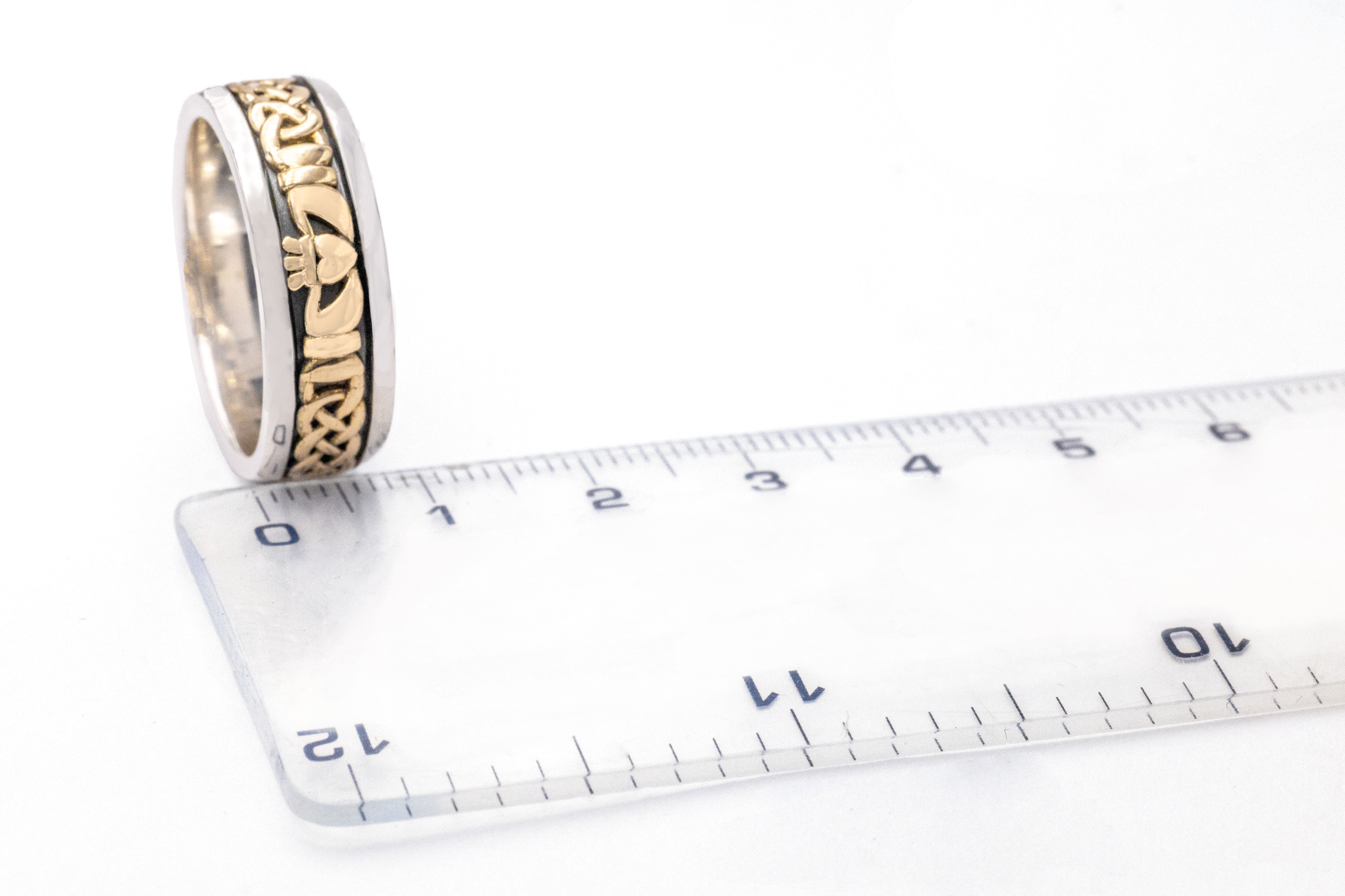 Attractive Sterling Silver & 10K Yellow Gold Claddagh & Celtic Knot 7.5mm Ring For Men. Picture For Scale.