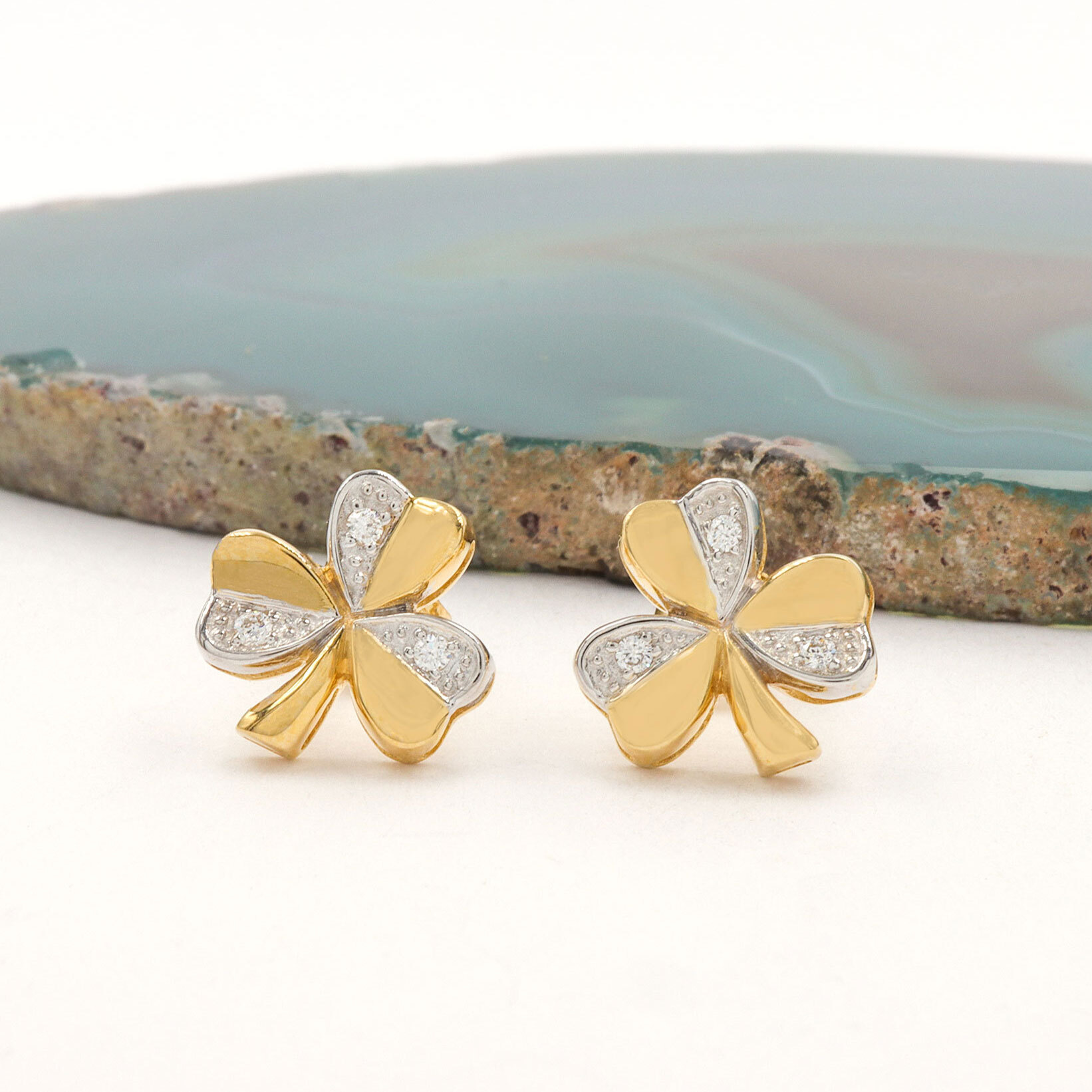 Two Tone Diamond Shamrock Earrings, From Ireland | My Irish Jeweler