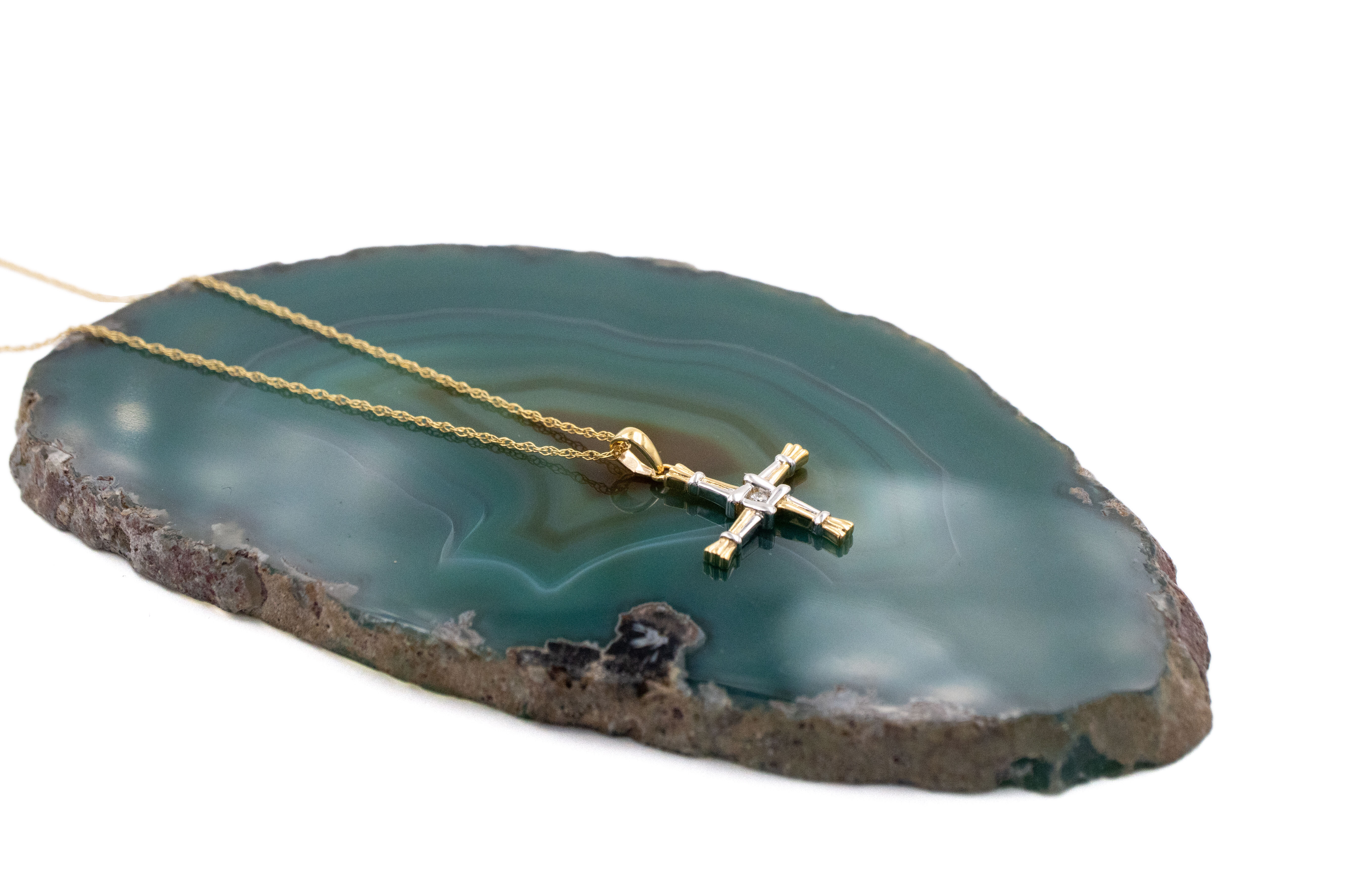 Womens St Brigids Cross Necklace in Real 14K Yellow Gold. Pictured Flat.