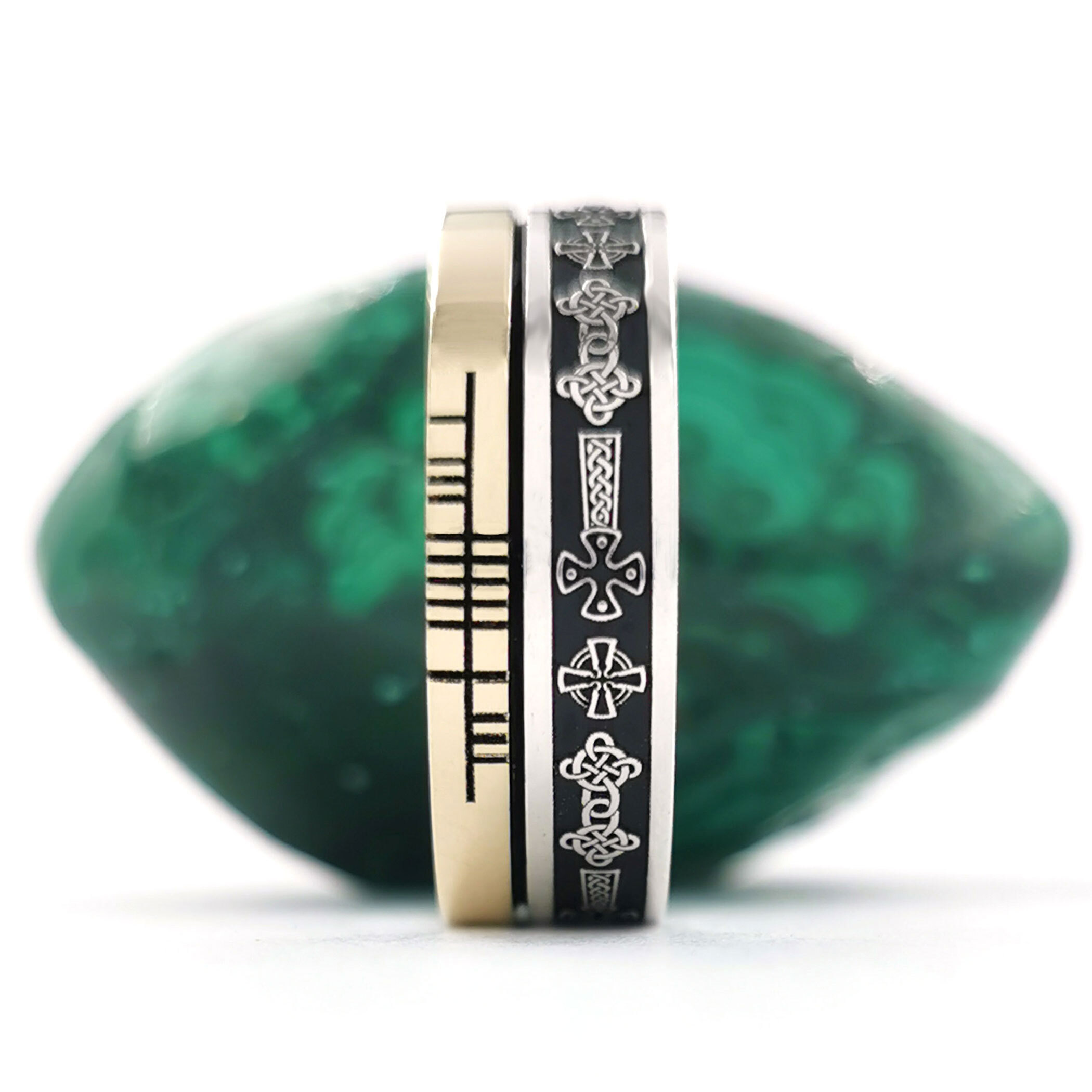 Irish Sterling Silver & 10K Yellow Gold Celtic Cross & Ogham 7.3mm Ring With a Oxidised Finish