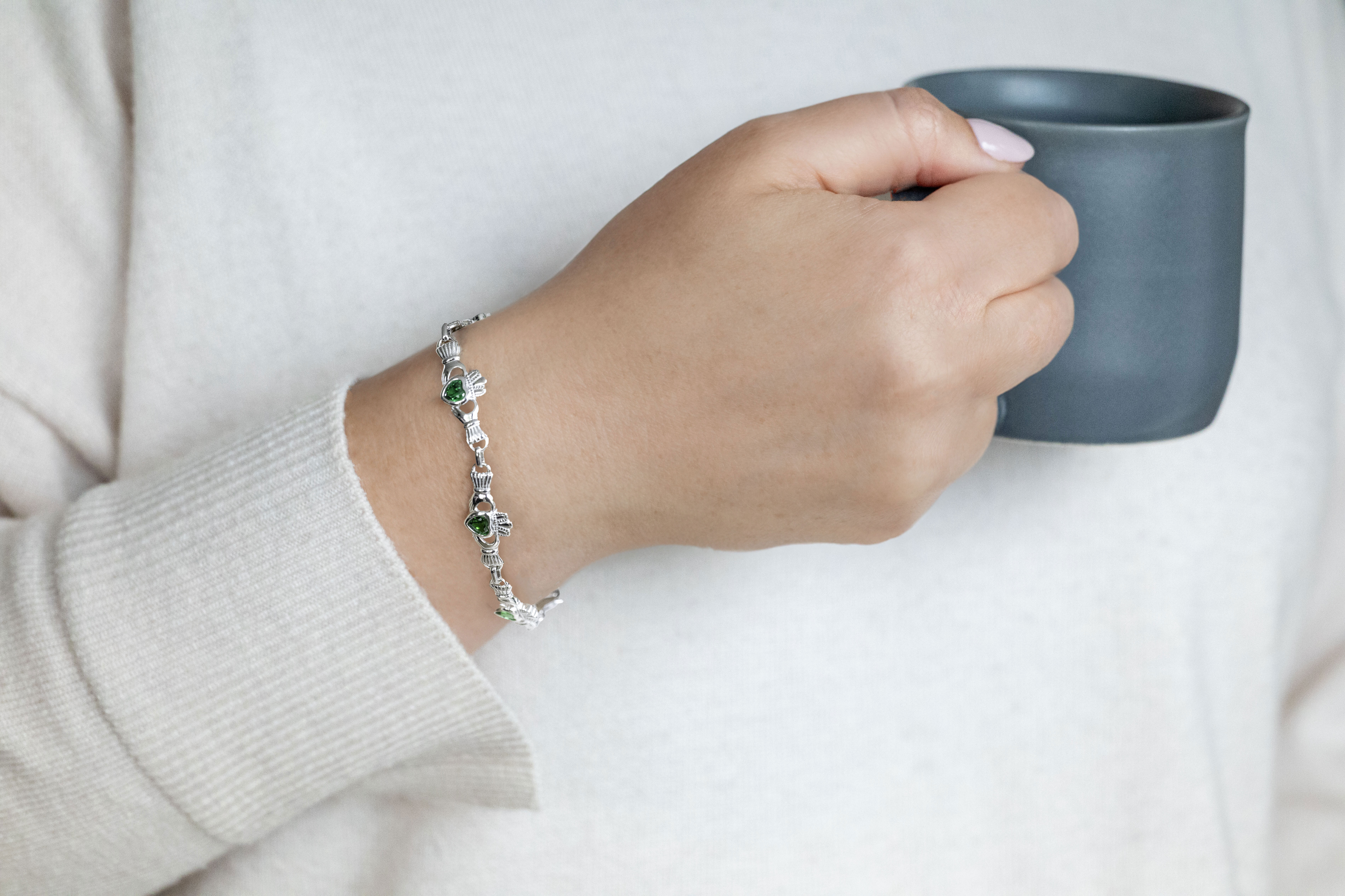 Womens Polished Sterling Silver Claddagh Bracelet - Model Photo