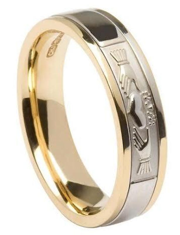14K 2 Color Gold Narrow Comfort Fit Claddagh Band
