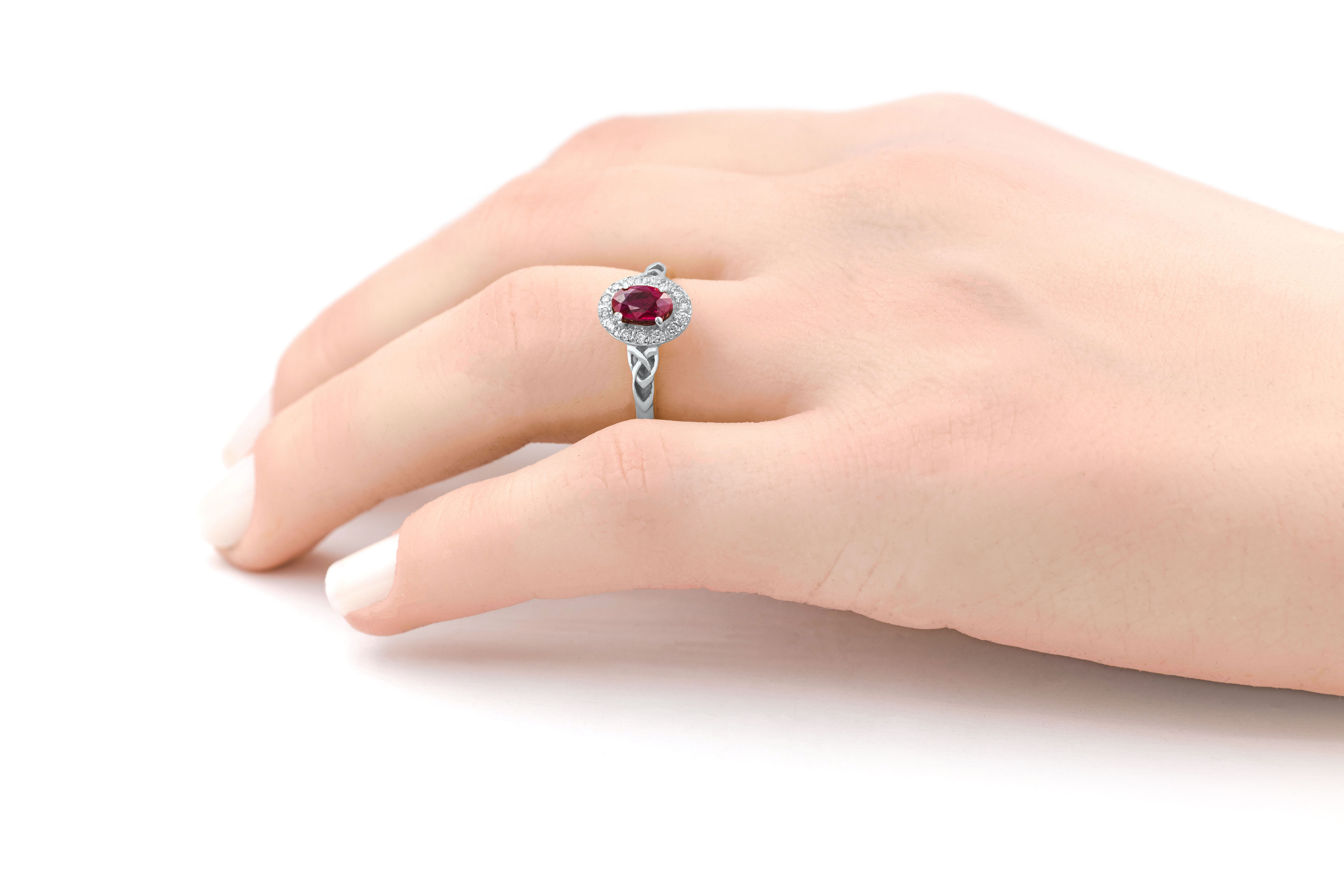 Striking 18K White Gold Trinity Knot 0.50ct Natural Ruby Ring For Women - Model Photo