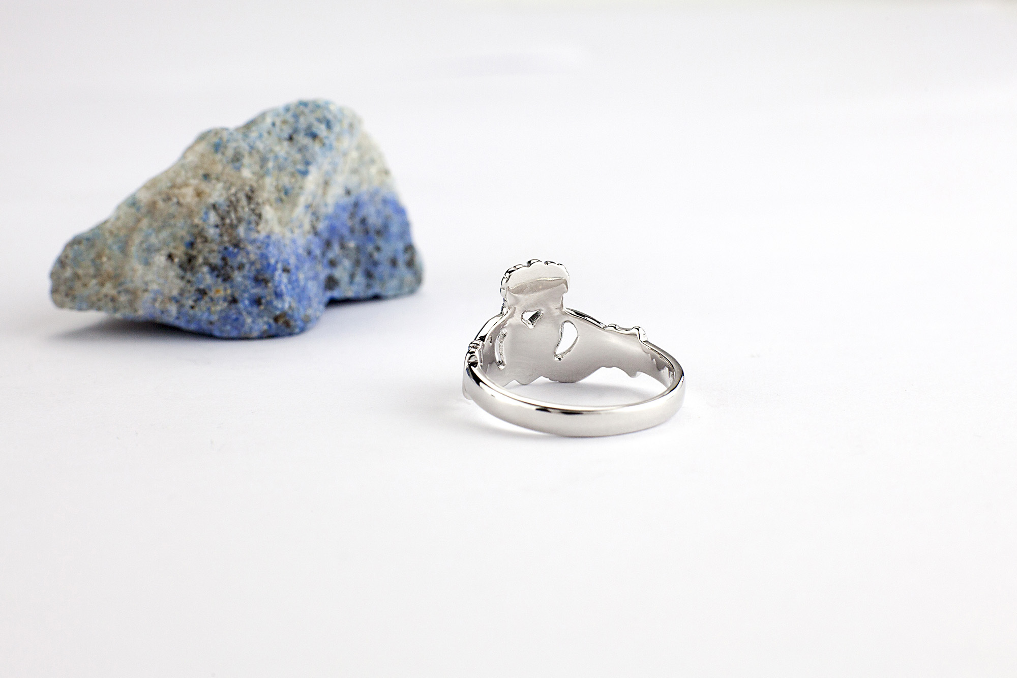 Womens Luxurious White Gold Claddagh Ring. Picture Of The Reverse Side.