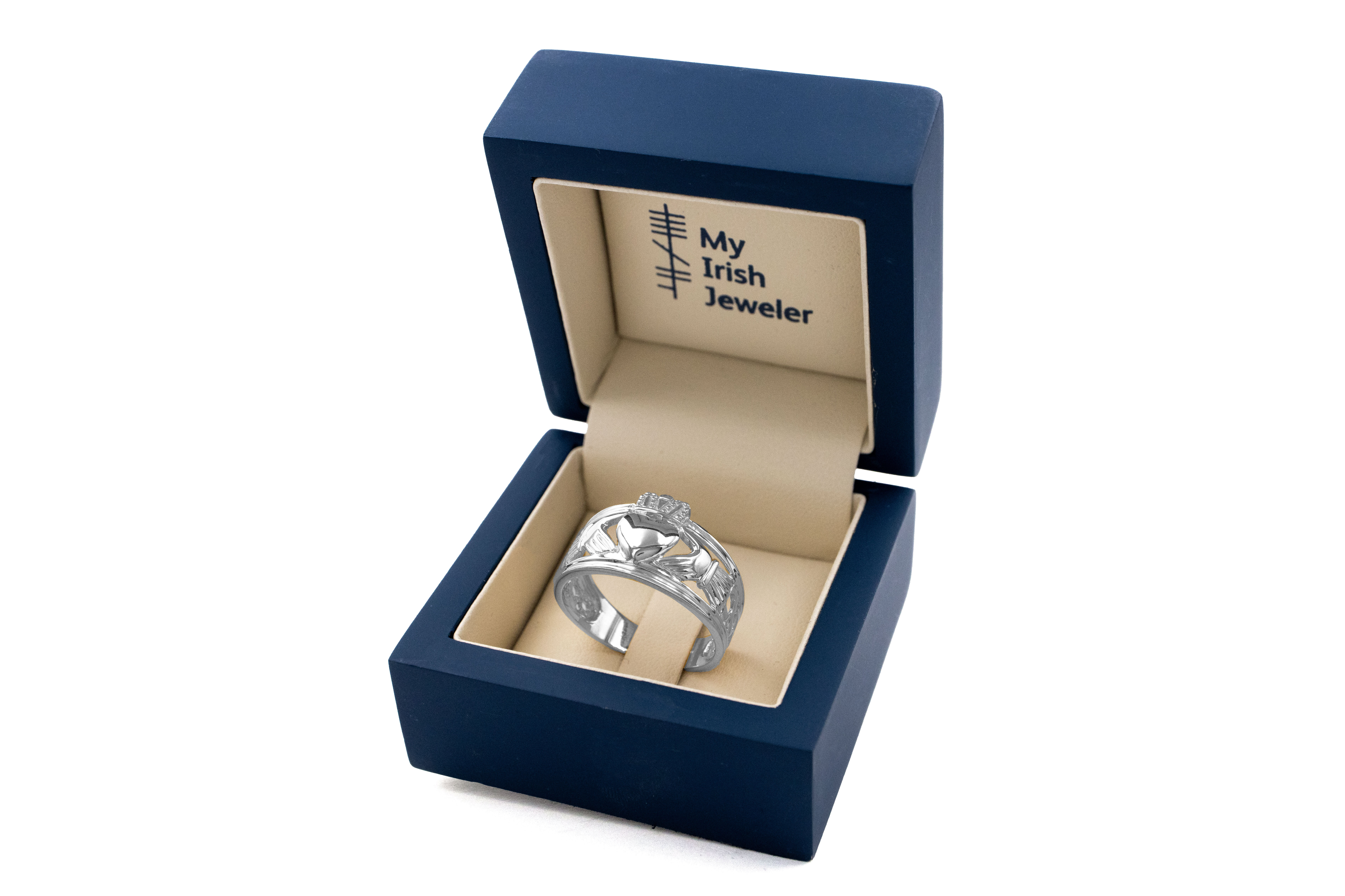 Striking White Gold Claddagh Ring For Men - Model Photo. In Luxury Packaging.
