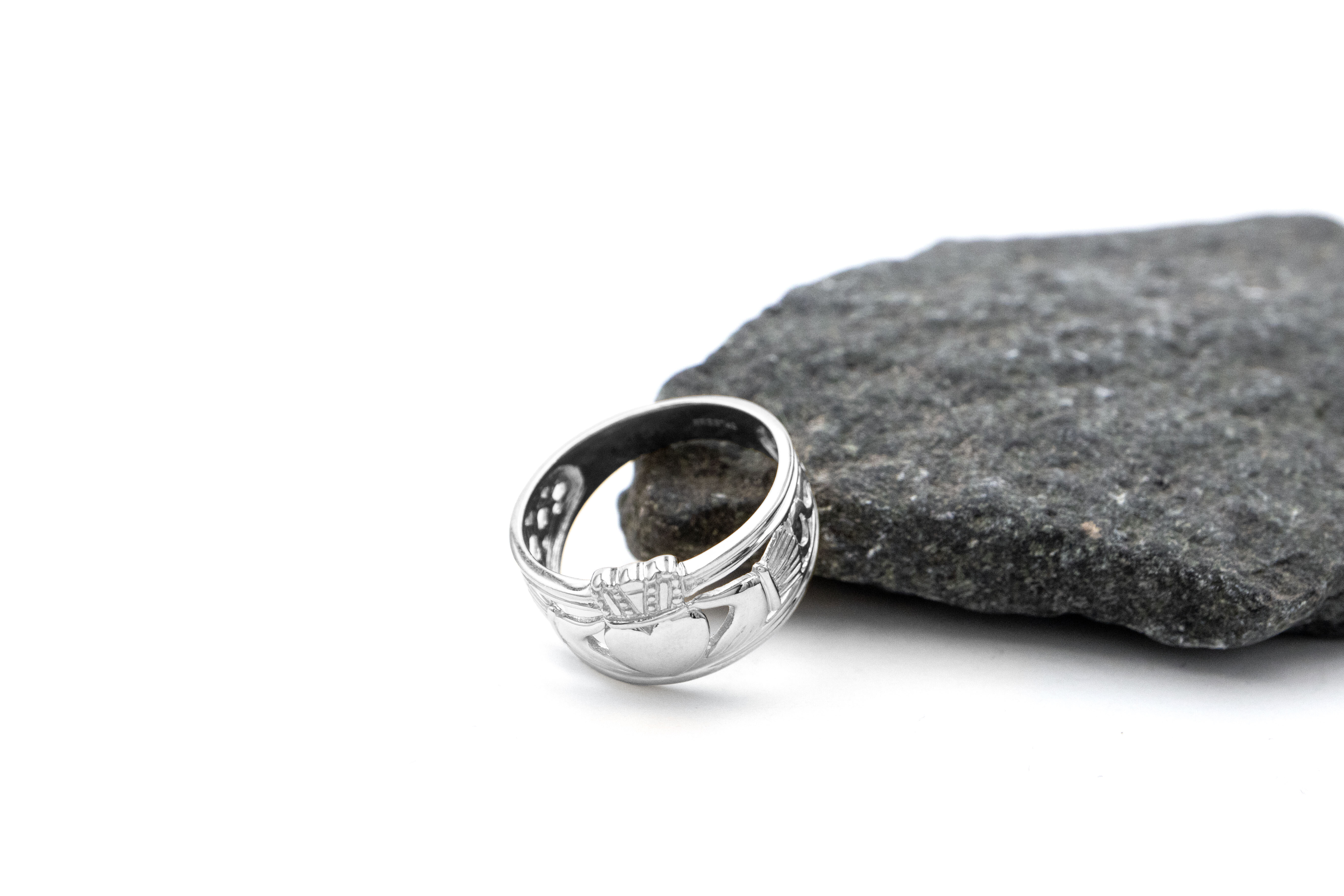 Real White Gold Claddagh Ring For Men - Model Photo. Side View.