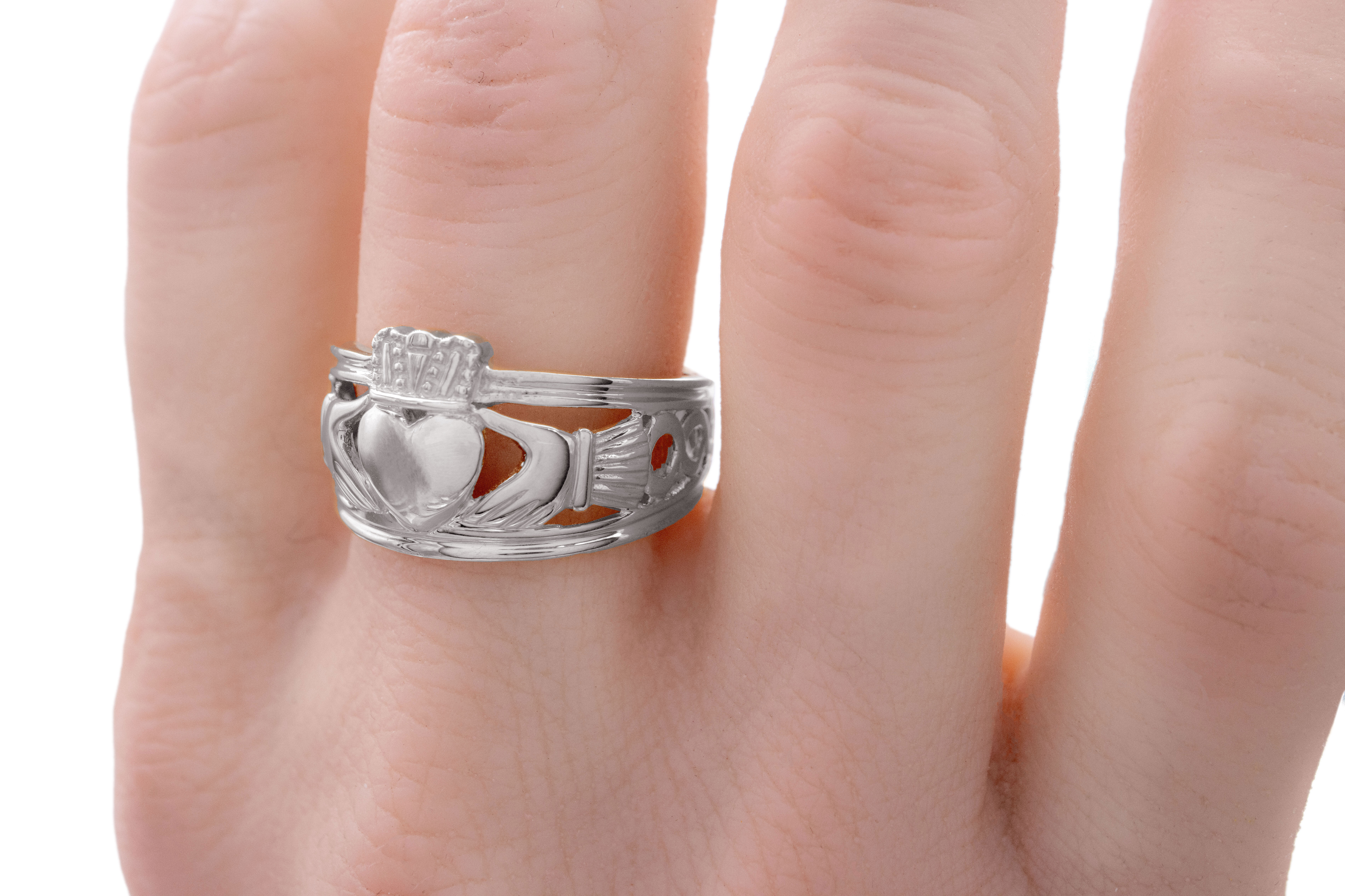 Irish White Gold Claddagh Ring For Men - Model Photo